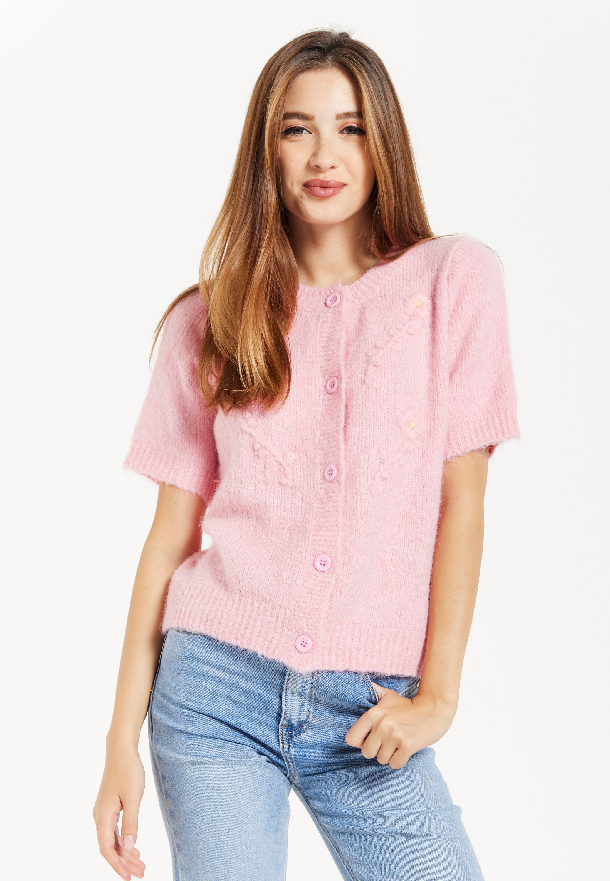 Women's Cardigan Pink Floral Short Sleeve Knitted with Button-Down Front, Chic Comfort by Liquorish