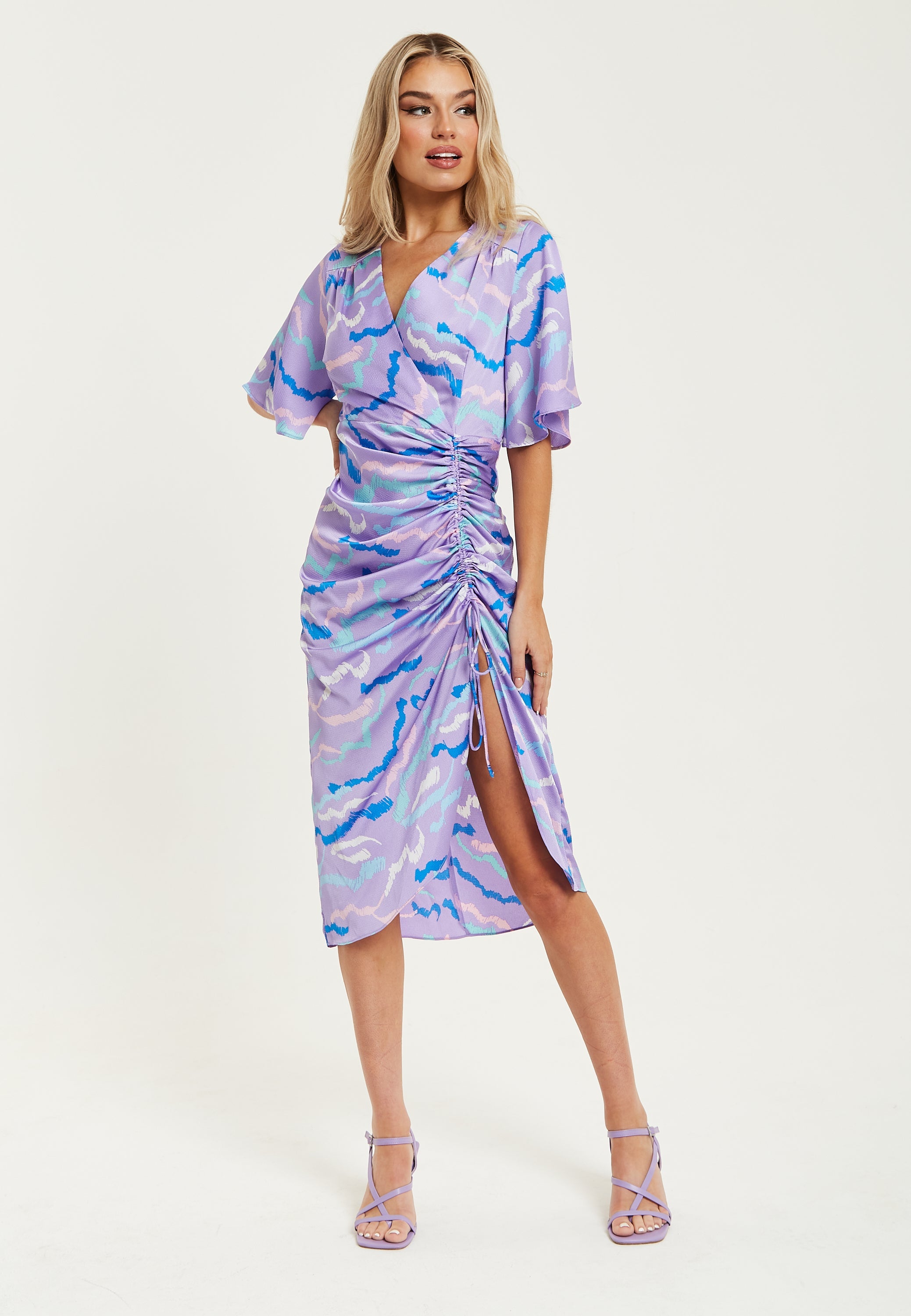 Women's Midi Dress with V Neck and Kimono Sleeves in Lilac Abstract Zebra Print, Perfect for Weddings - Liquorish