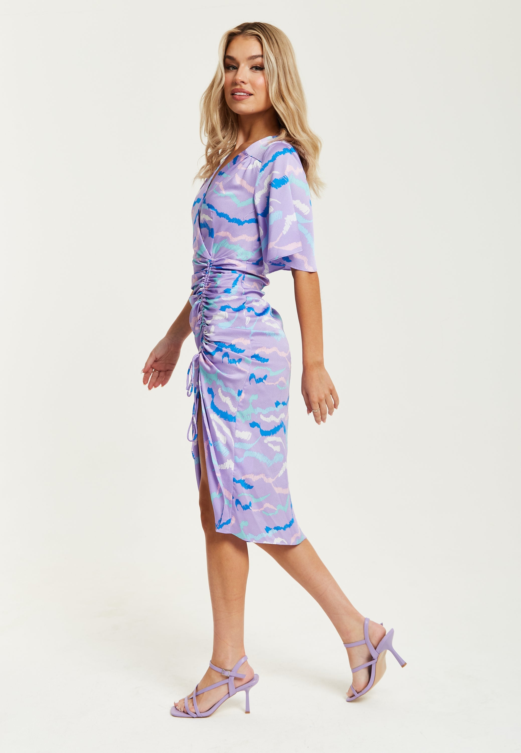 Women's Midi Dress with V Neck and Kimono Sleeves in Lilac Abstract Zebra Print, Perfect for Weddings - Liquorish