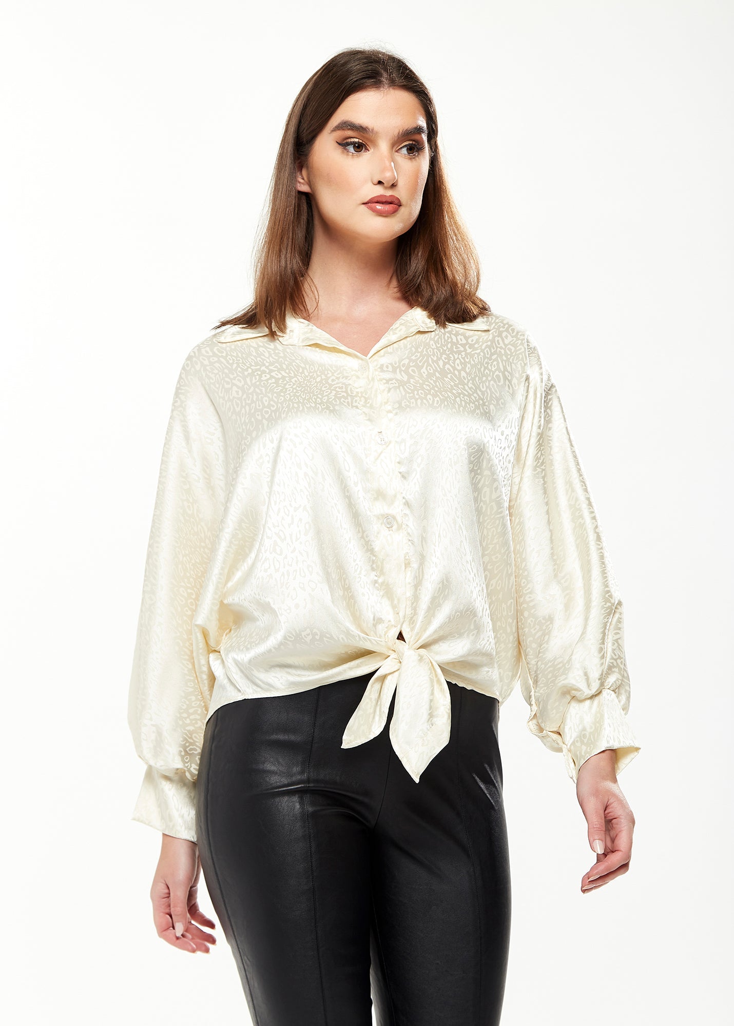 Women's Divine Grace Leopard Jacquard Blouse with Front Waist Tie in Off White, Long Sleeves, Button Front, Collar