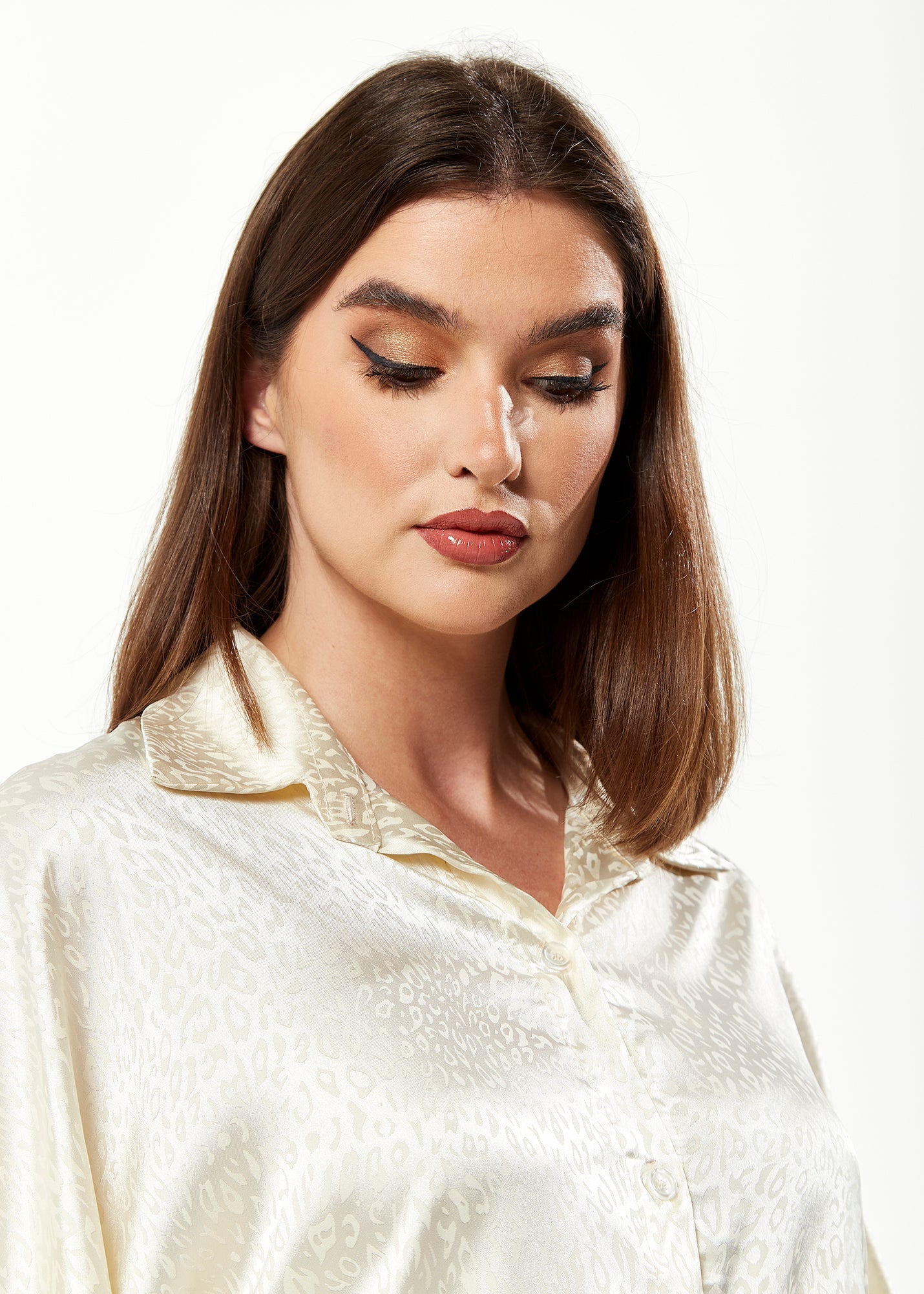 Women's Divine Grace Leopard Jacquard Blouse with Front Waist Tie in Off White, Long Sleeves, Button Front, Collar