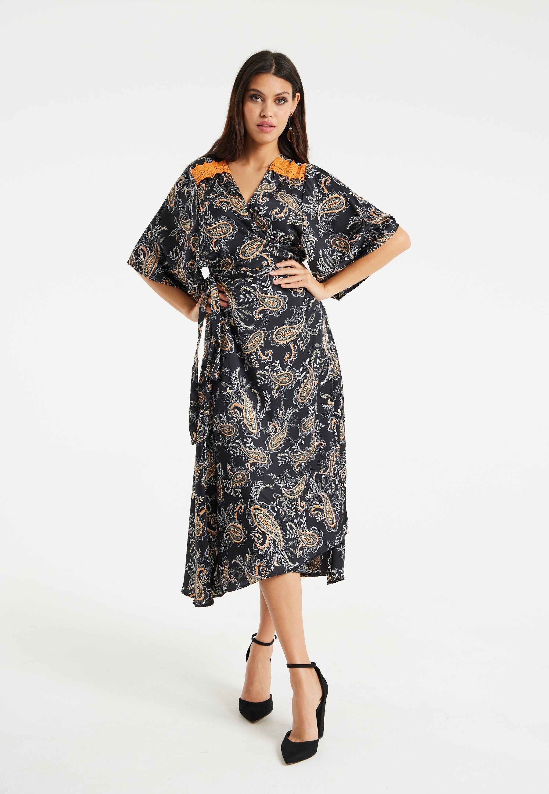 Women’s Maxi Dress with Kimono Sleeves and Orange Lace, Black Floral Print Wrap Design, Elegant Style by Liquorish