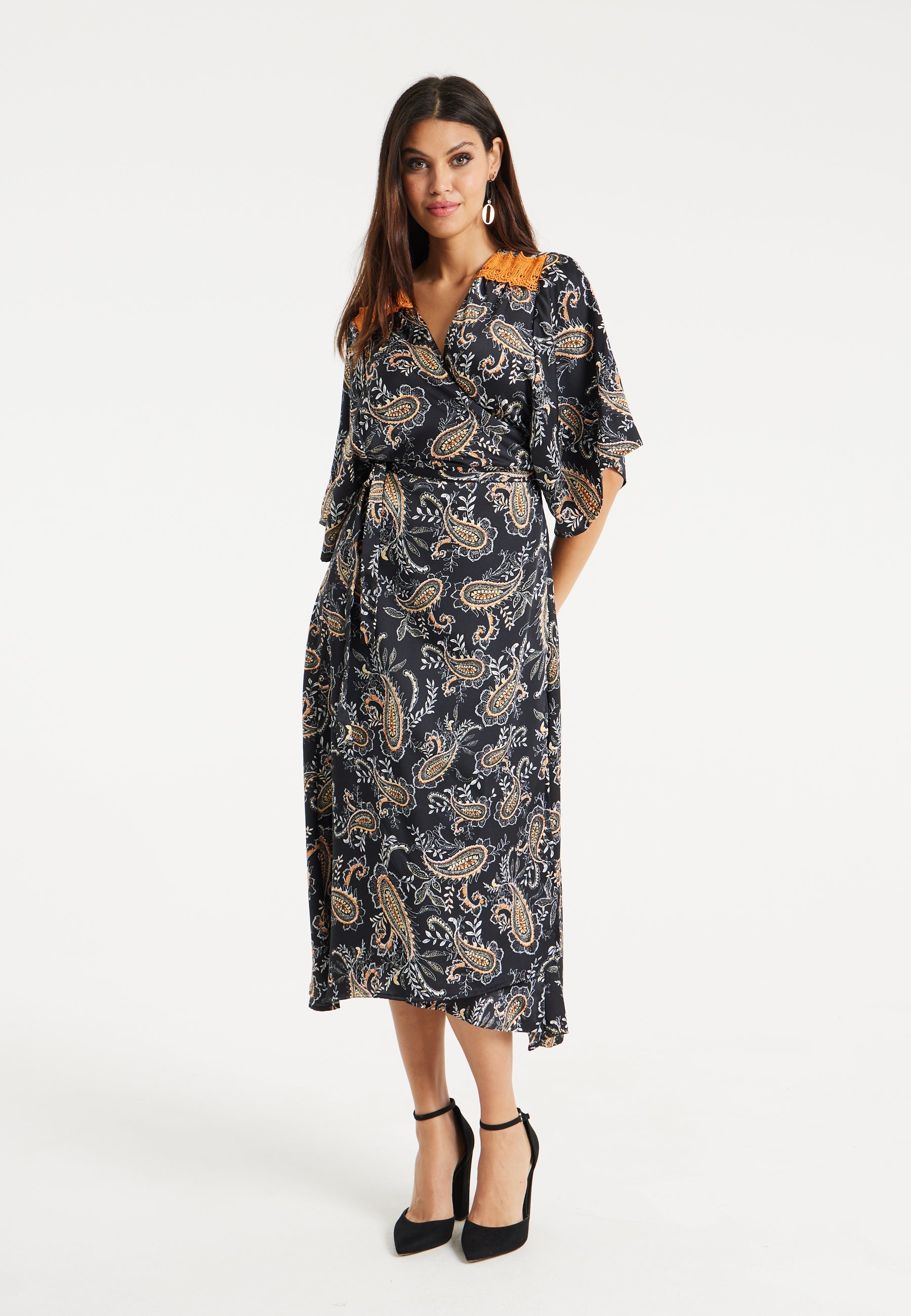 Women’s Maxi Dress with Kimono Sleeves and Orange Lace, Black Floral Print Wrap Design, Elegant Style by Liquorish