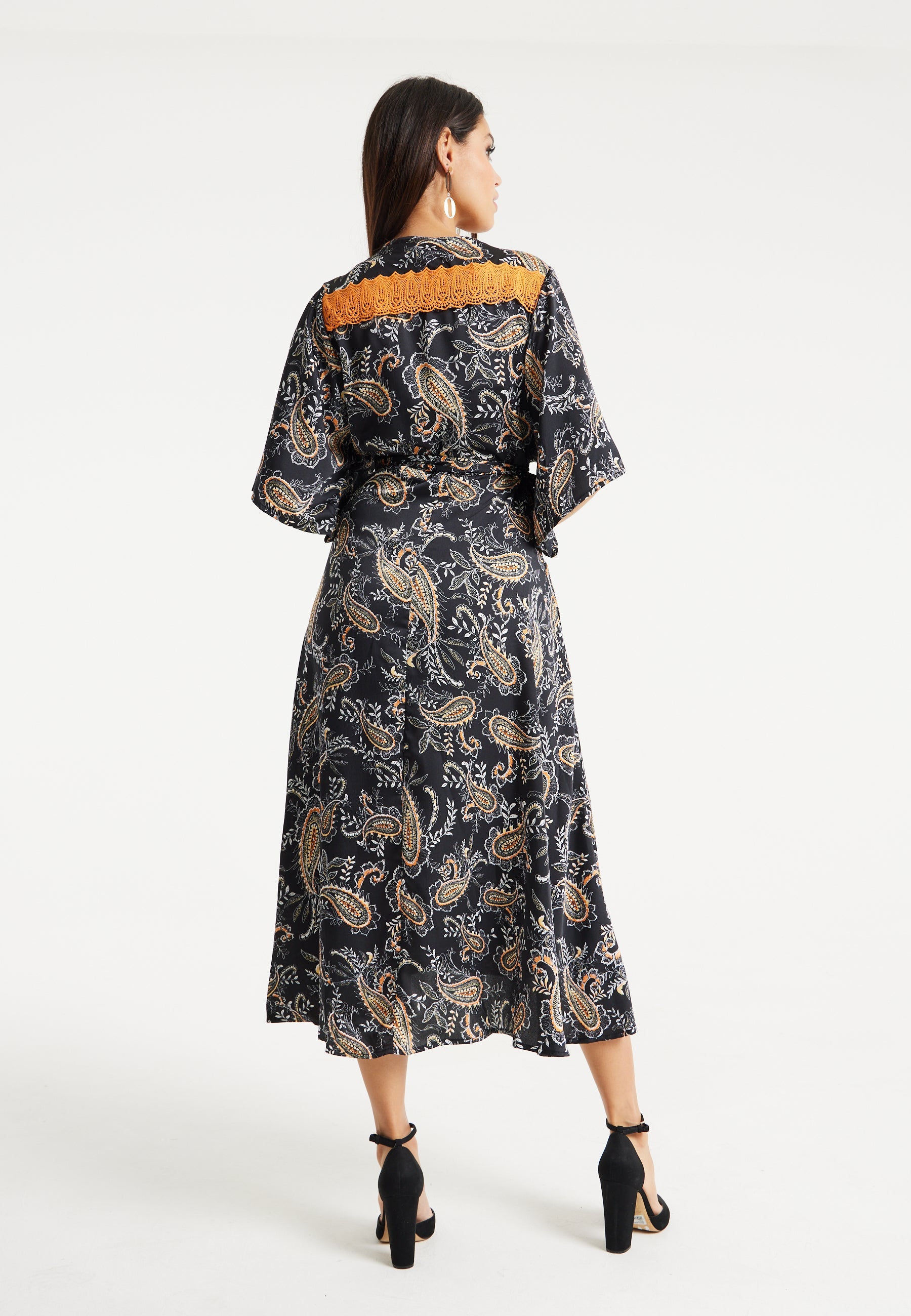 Women’s Maxi Dress with Kimono Sleeves and Orange Lace, Black Floral Print Wrap Design, Elegant Style by Liquorish