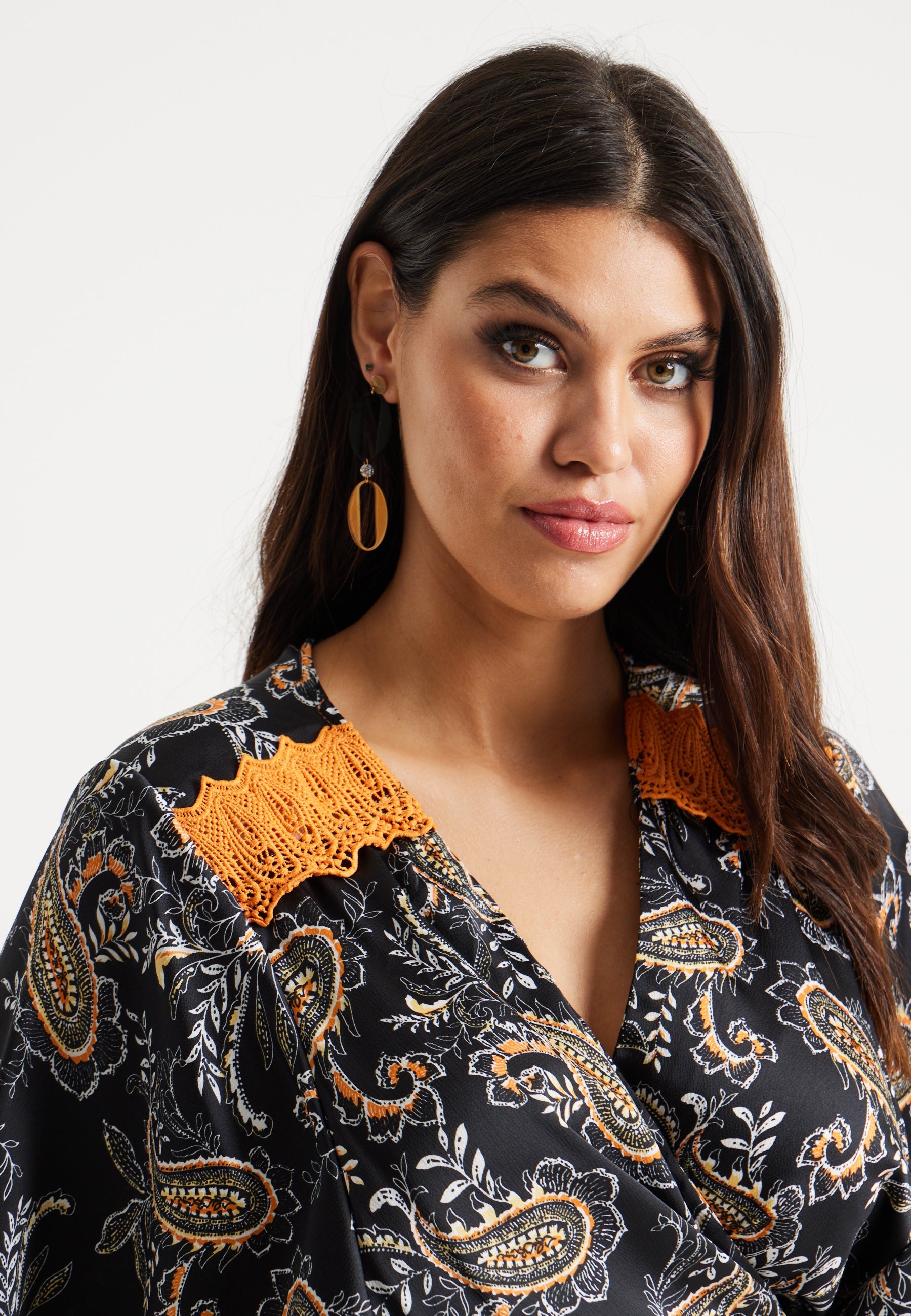 Women’s Maxi Dress with Kimono Sleeves and Orange Lace, Black Floral Print Wrap Design, Elegant Style by Liquorish