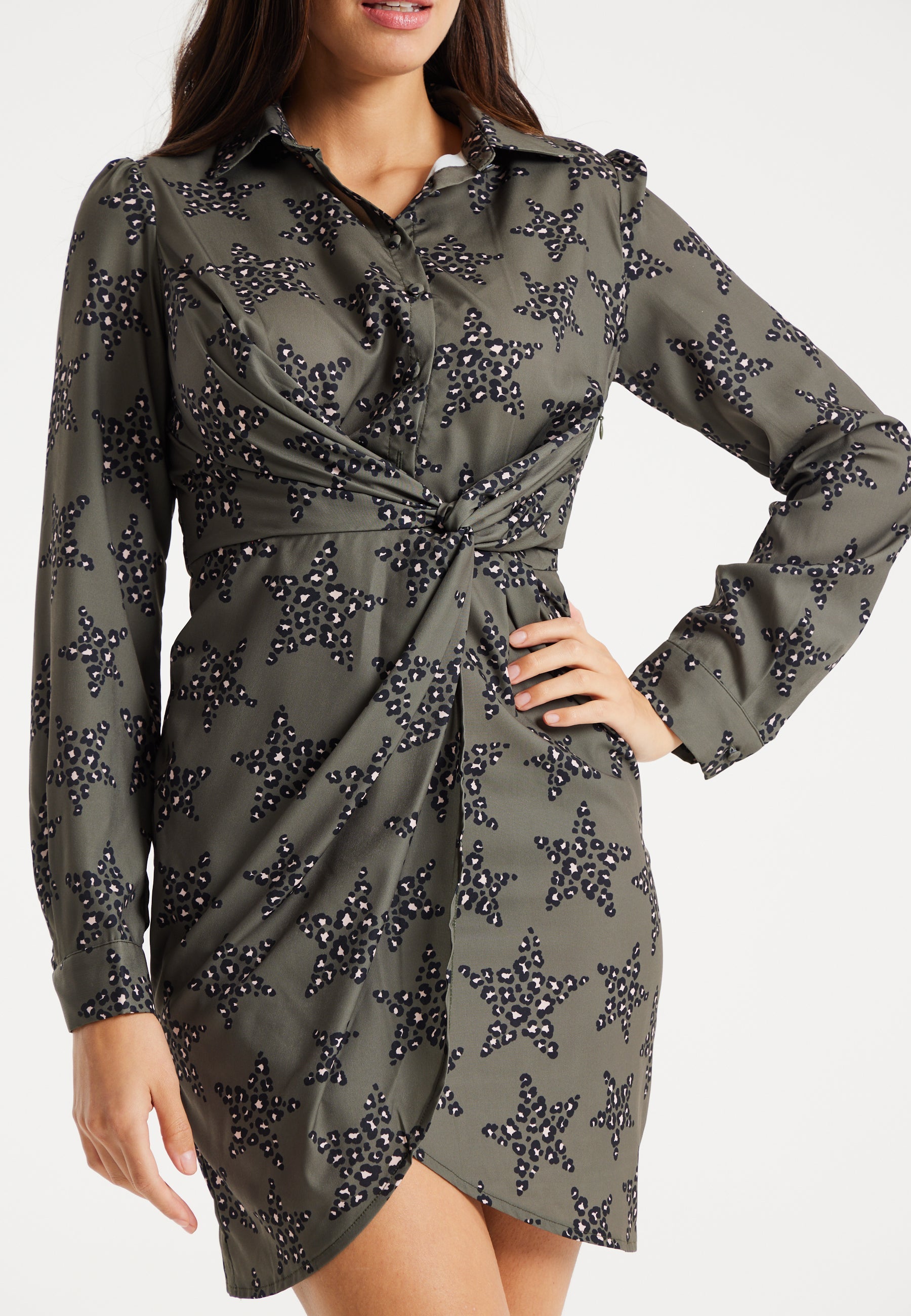 Women's Mini Dress with Long Sleeves and Twisted Front Detail in Khaki - Leopard Star Print by Liquorish