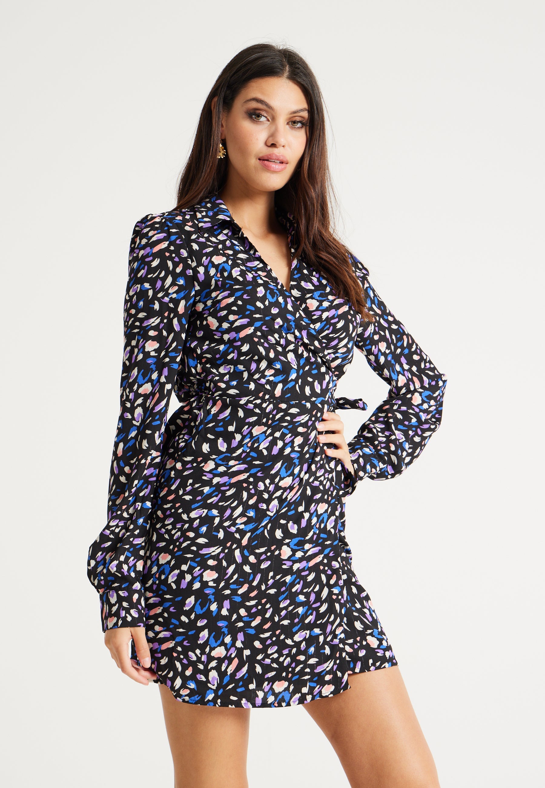 Women's Mini Dress with Flared Sleeves in Black & Multicolour, Stylish Tie-Side Detail, High-Quality Fabric - Liquorish