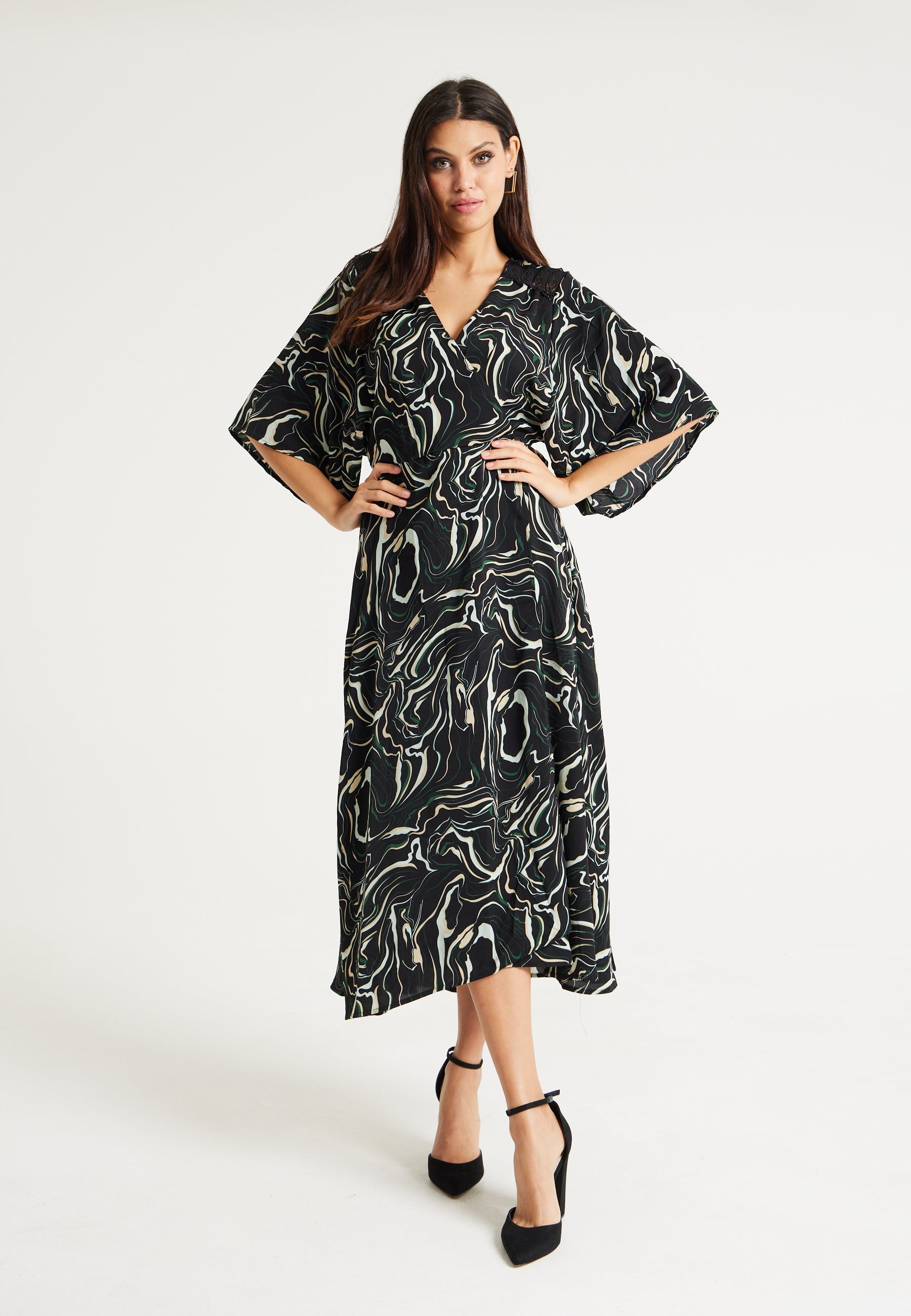 Women’s Maxi Dress with Kimono Sleeves in Black - Flattering Wrap Design and Unique Scribble Print by Liquorish