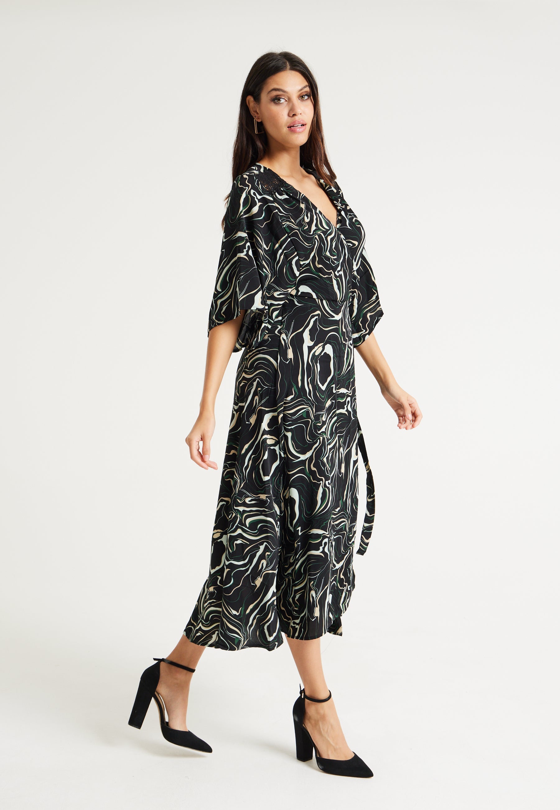 Women’s Maxi Dress with Kimono Sleeves in Black - Flattering Wrap Design and Unique Scribble Print by Liquorish