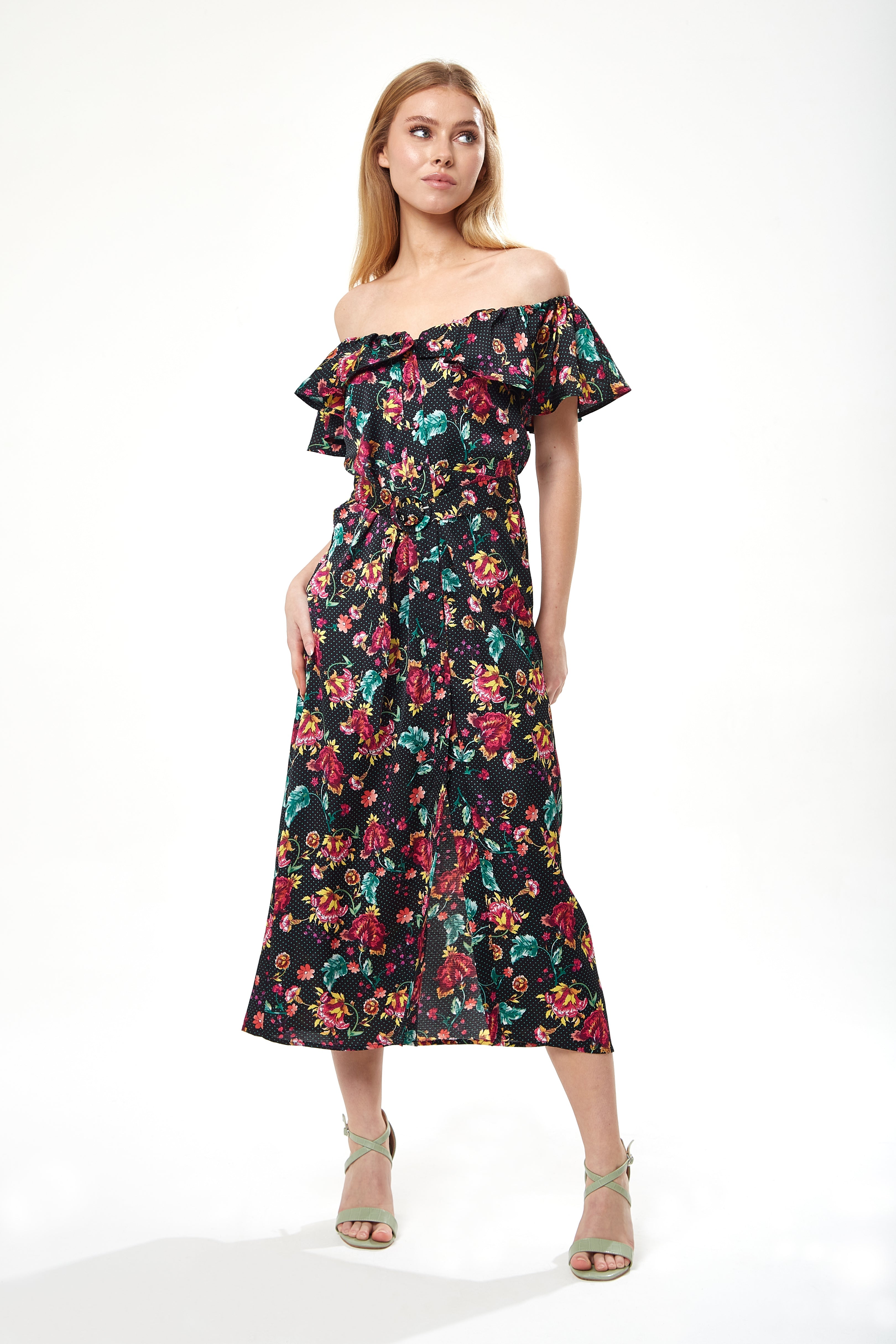 Women’s Midi Dress with Off Shoulder Sleeves in Black Floral Print - Liquorish