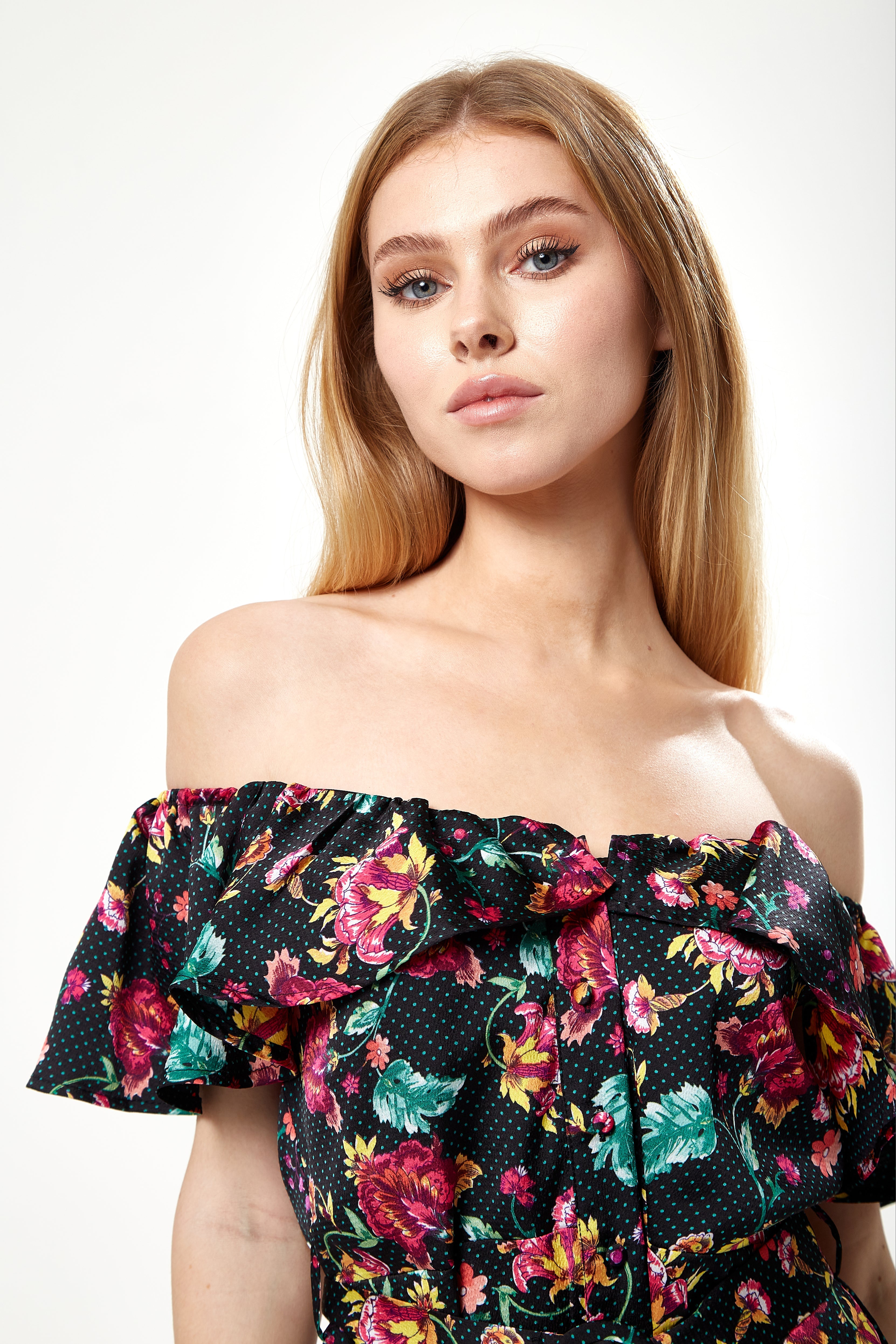 Women’s Midi Dress with Off Shoulder Sleeves in Black Floral Print - Liquorish