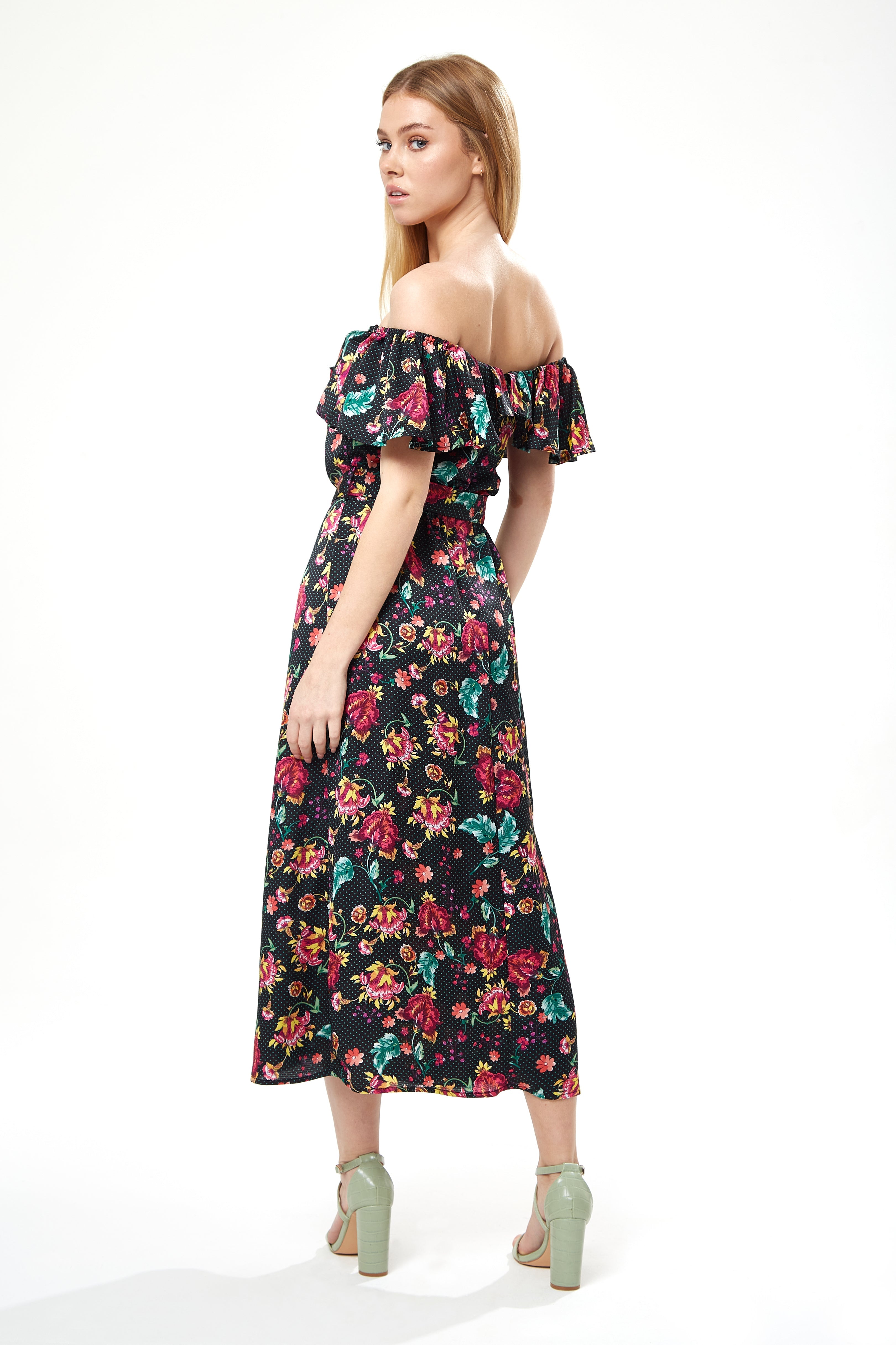 Women’s Midi Dress with Off Shoulder Sleeves in Black Floral Print - Liquorish