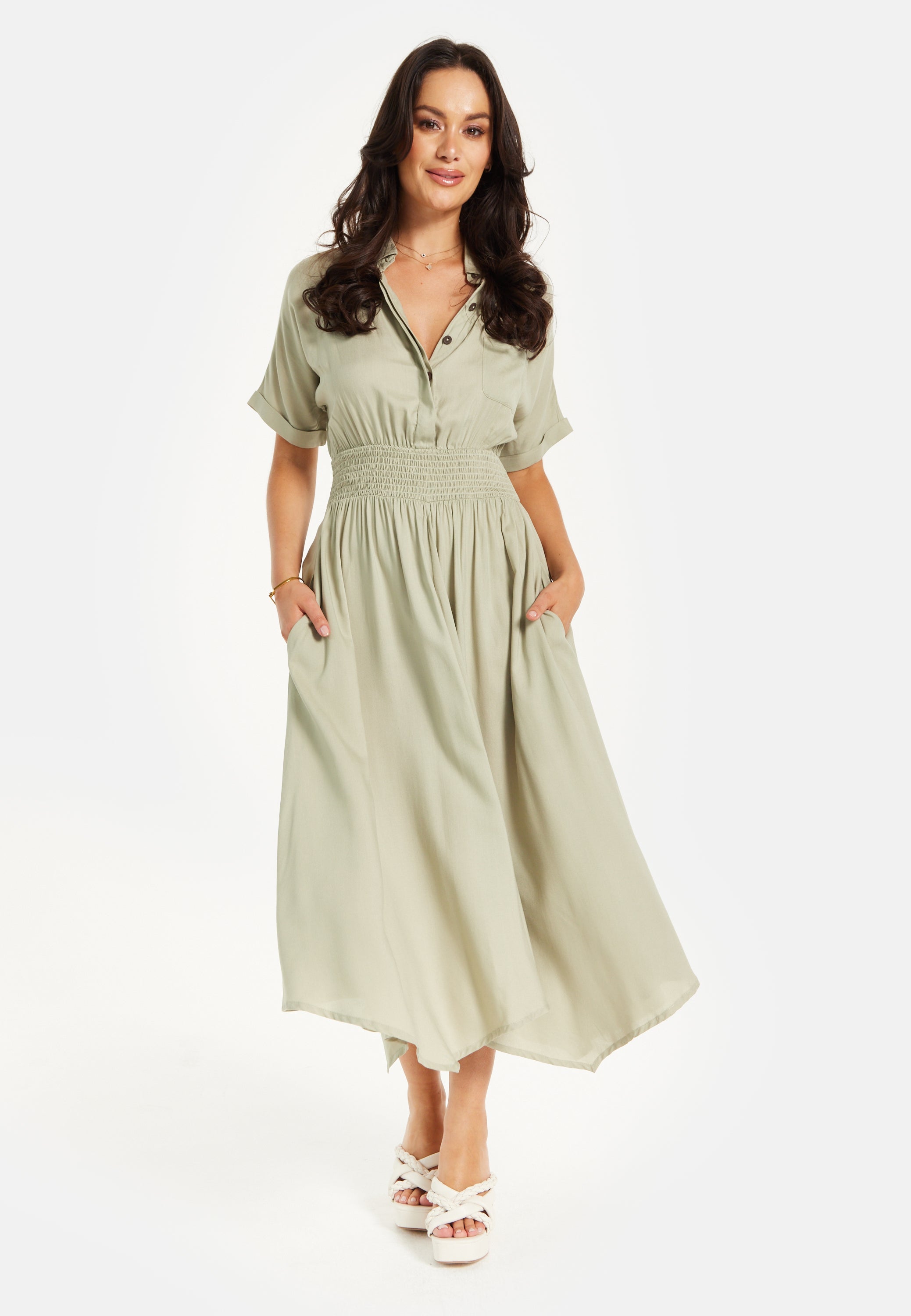 Women's Midi Dress in Khaki with Elasticated Waist, Button Detail, and Front Split
