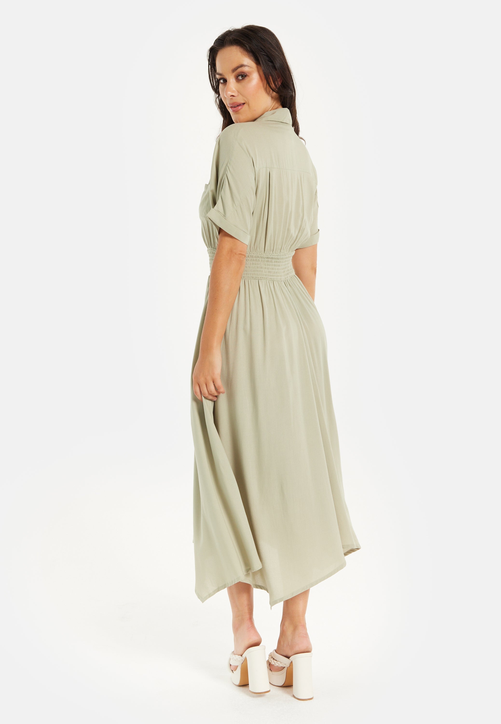 Women's Midi Dress in Khaki with Elasticated Waist, Button Detail, and Front Split