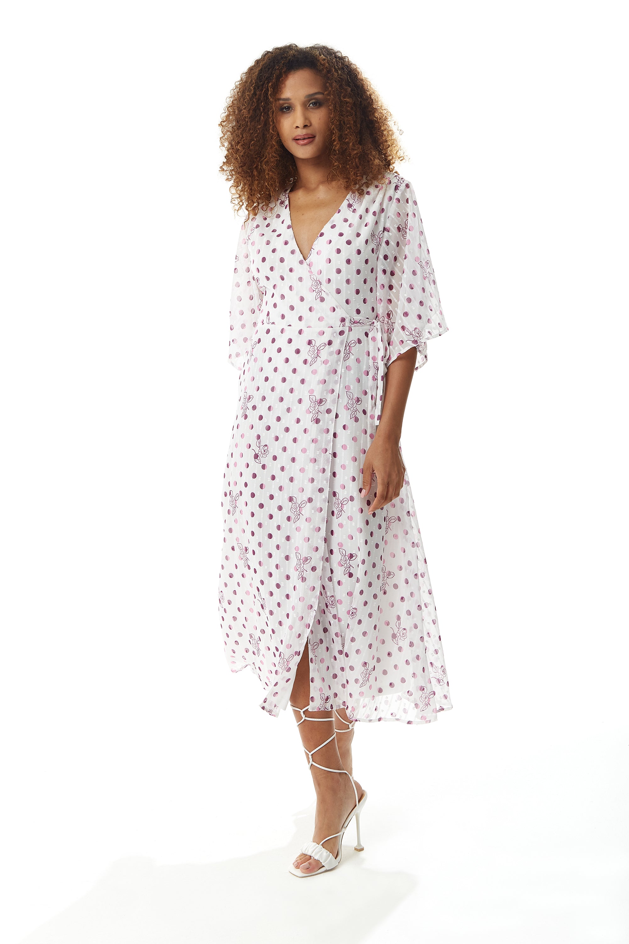 Women’s Midi Wrap Dress in White with Pink Floral & Polka Dots, V Neck, Kimono Sleeves - Liquorish