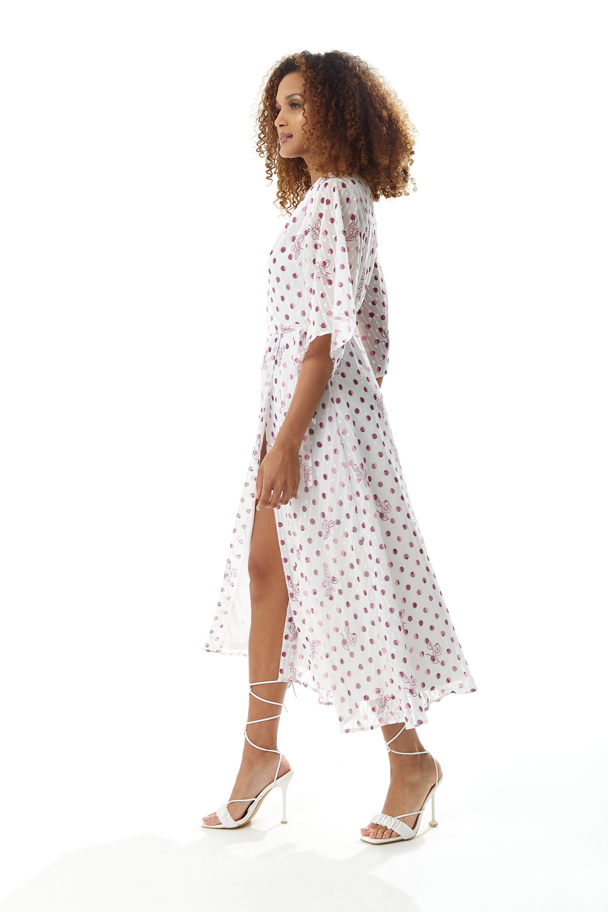 Women’s Midi Wrap Dress in White with Pink Floral & Polka Dots, V Neck, Kimono Sleeves - Liquorish