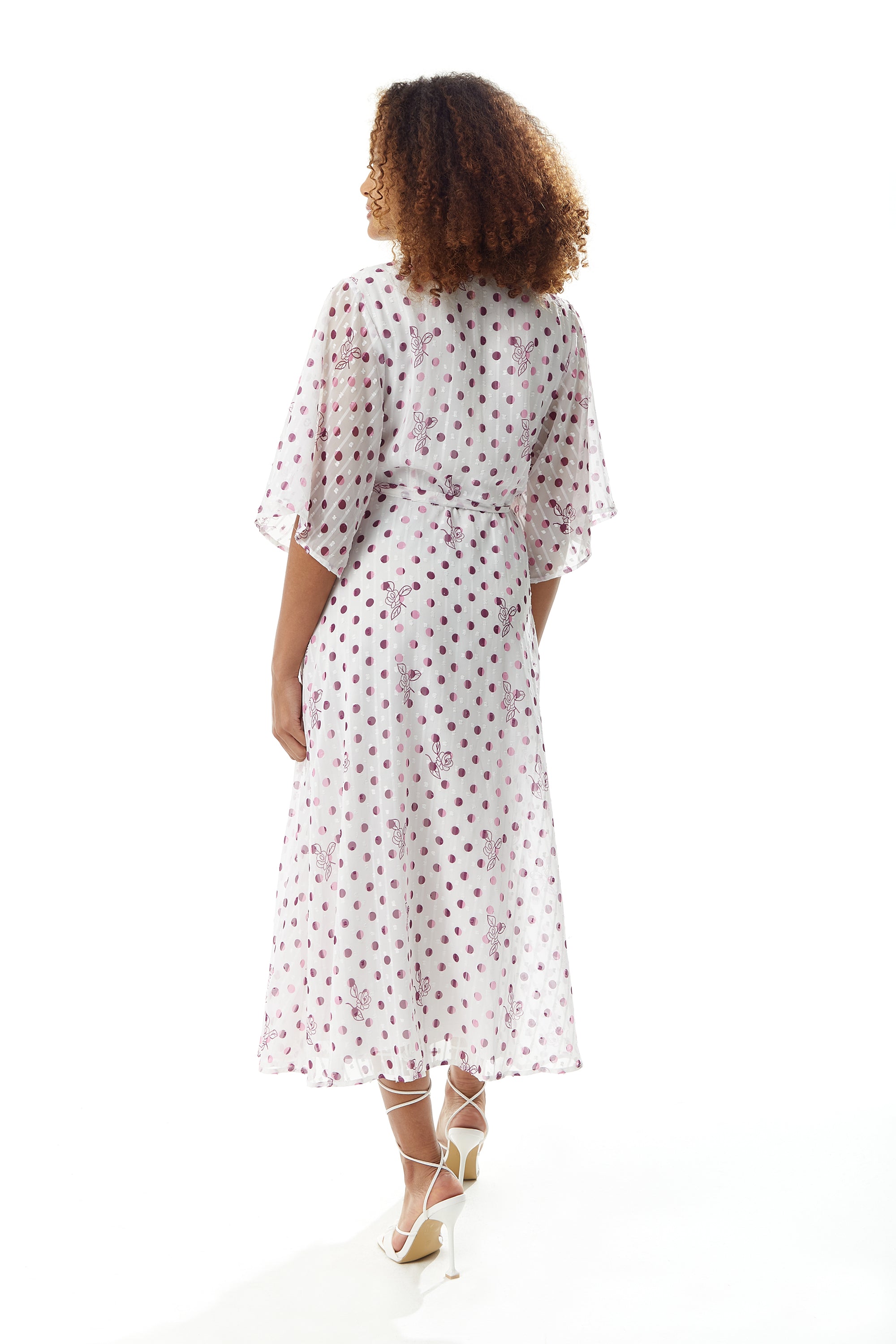 Women’s Midi Wrap Dress in White with Pink Floral & Polka Dots, V Neck, Kimono Sleeves - Liquorish