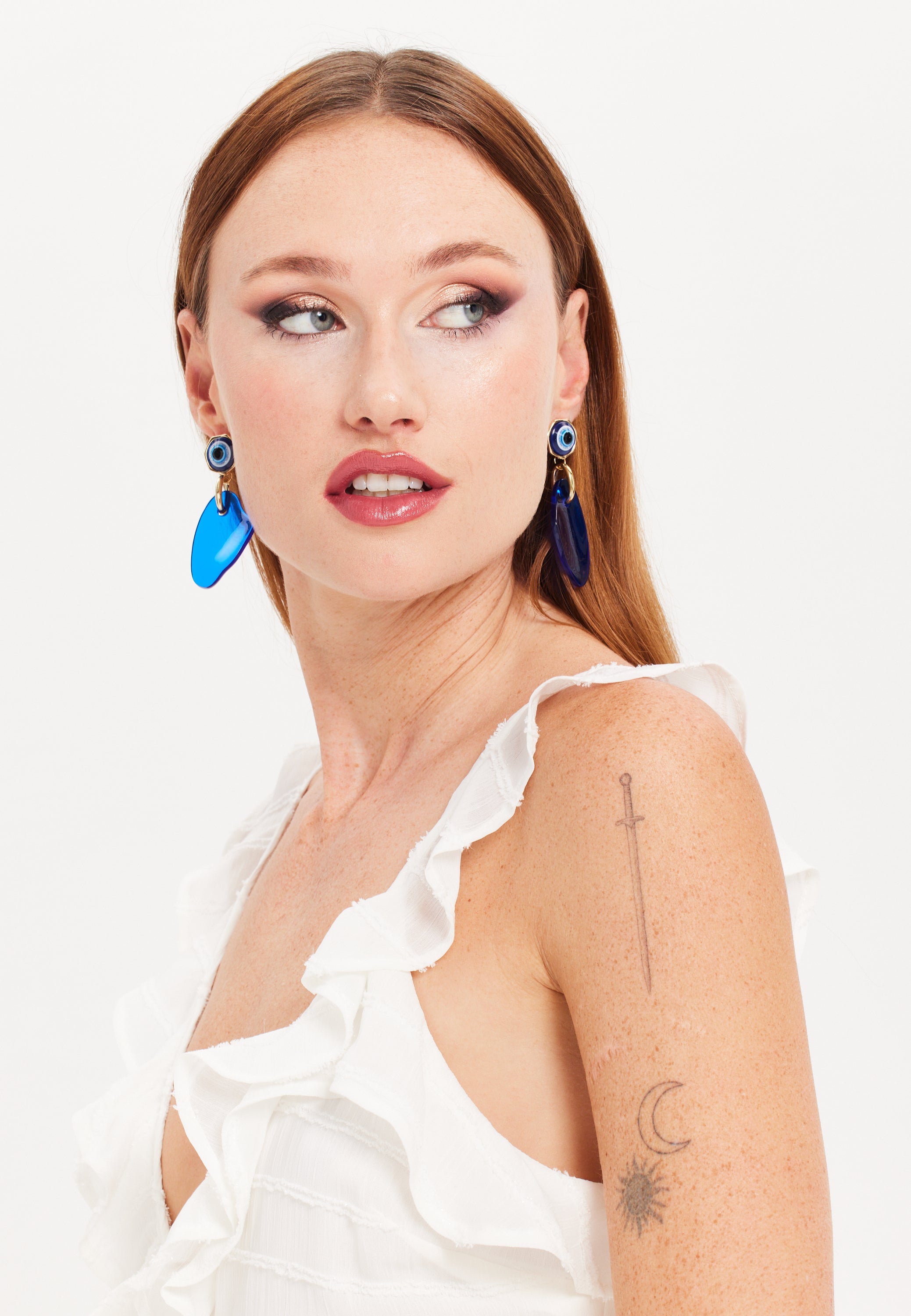 Liquorish Evil Eye Drop Style Earring With Abstract Shape Detail
