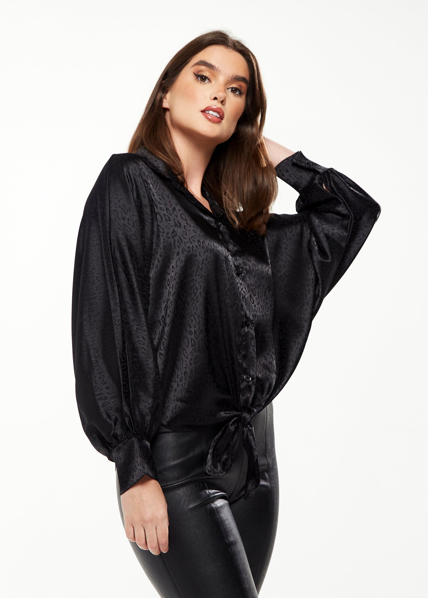 Women's Divine Grace Leopard Jacquard Blouse with Front Waist Tie in Black, Long Sleeves, Button Front, and Collar.