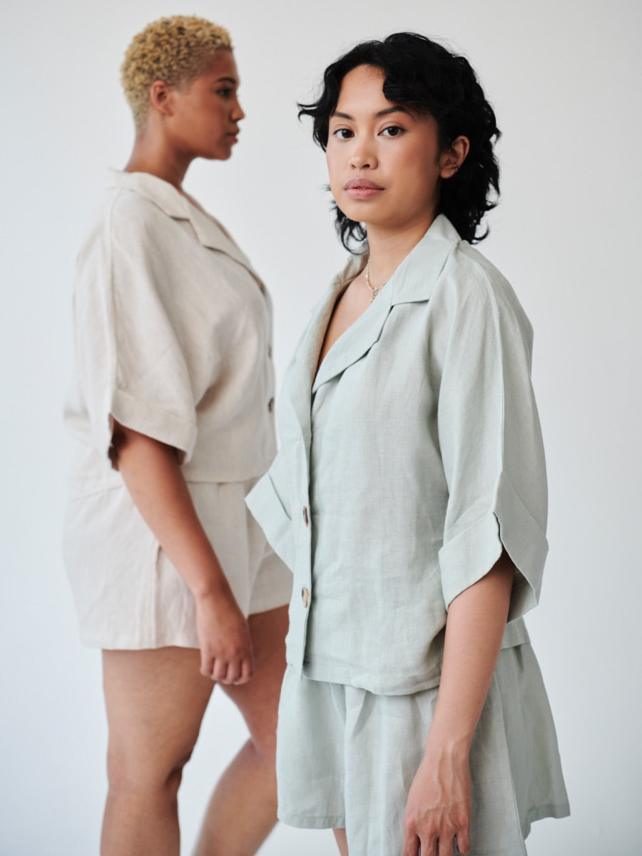 Women's Linen Shirt & Shorts Co-ord Set in Green | Fanfare