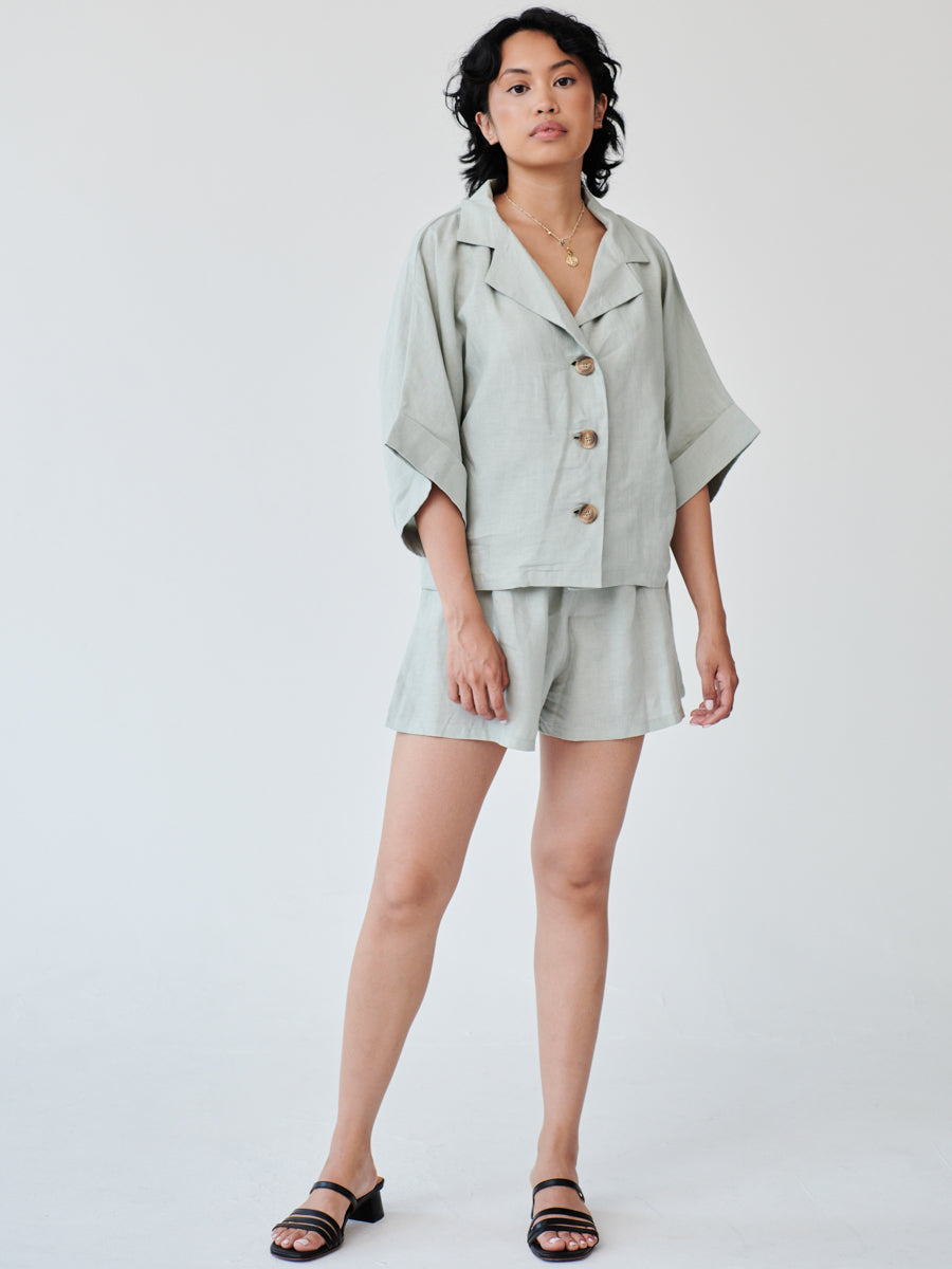 Women's Linen Shirt & Shorts Co-ord Set in Green | Fanfare