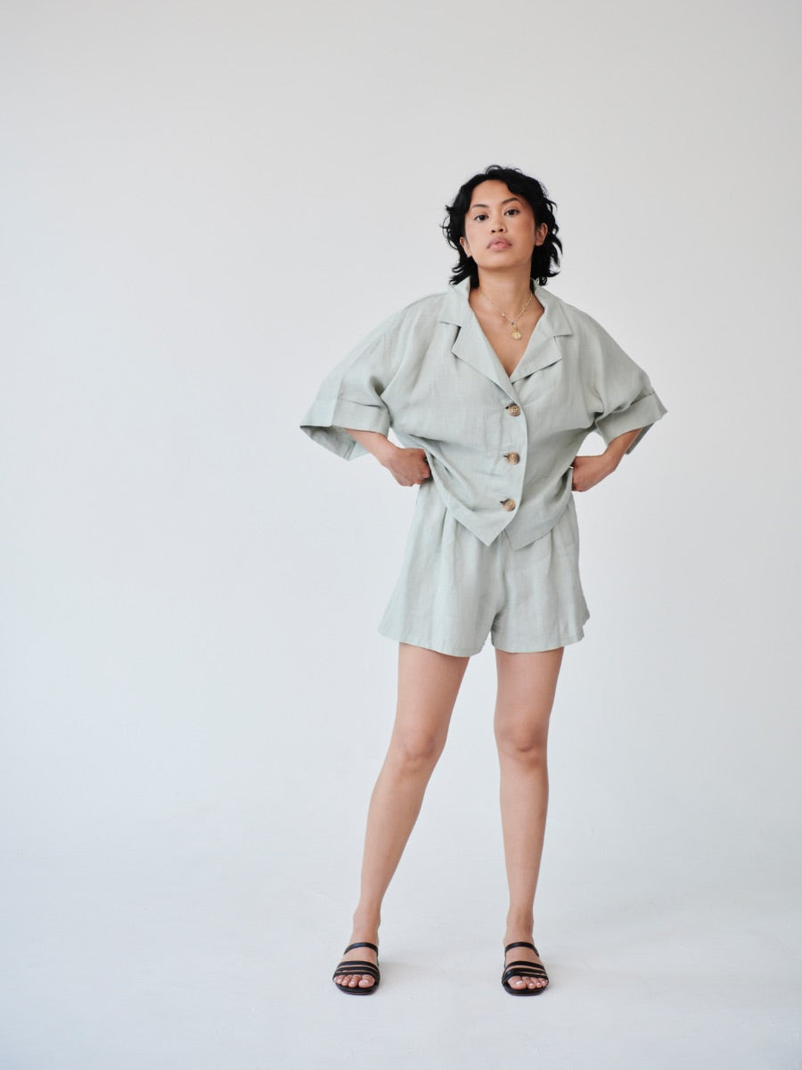 Women's Linen Shirt & Shorts Co-ord Set in Green | Fanfare