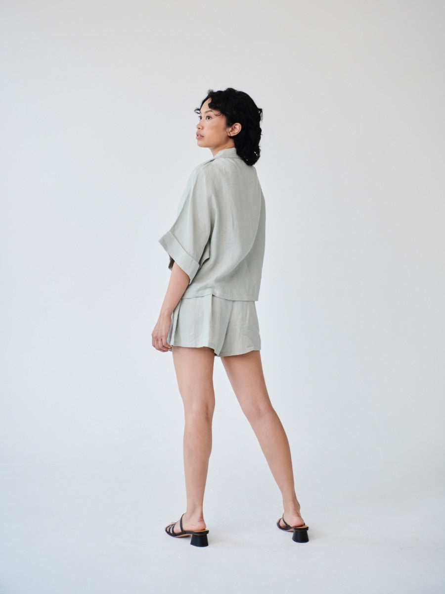 Women's Linen Shirt & Shorts Co-ord Set in Green | Fanfare