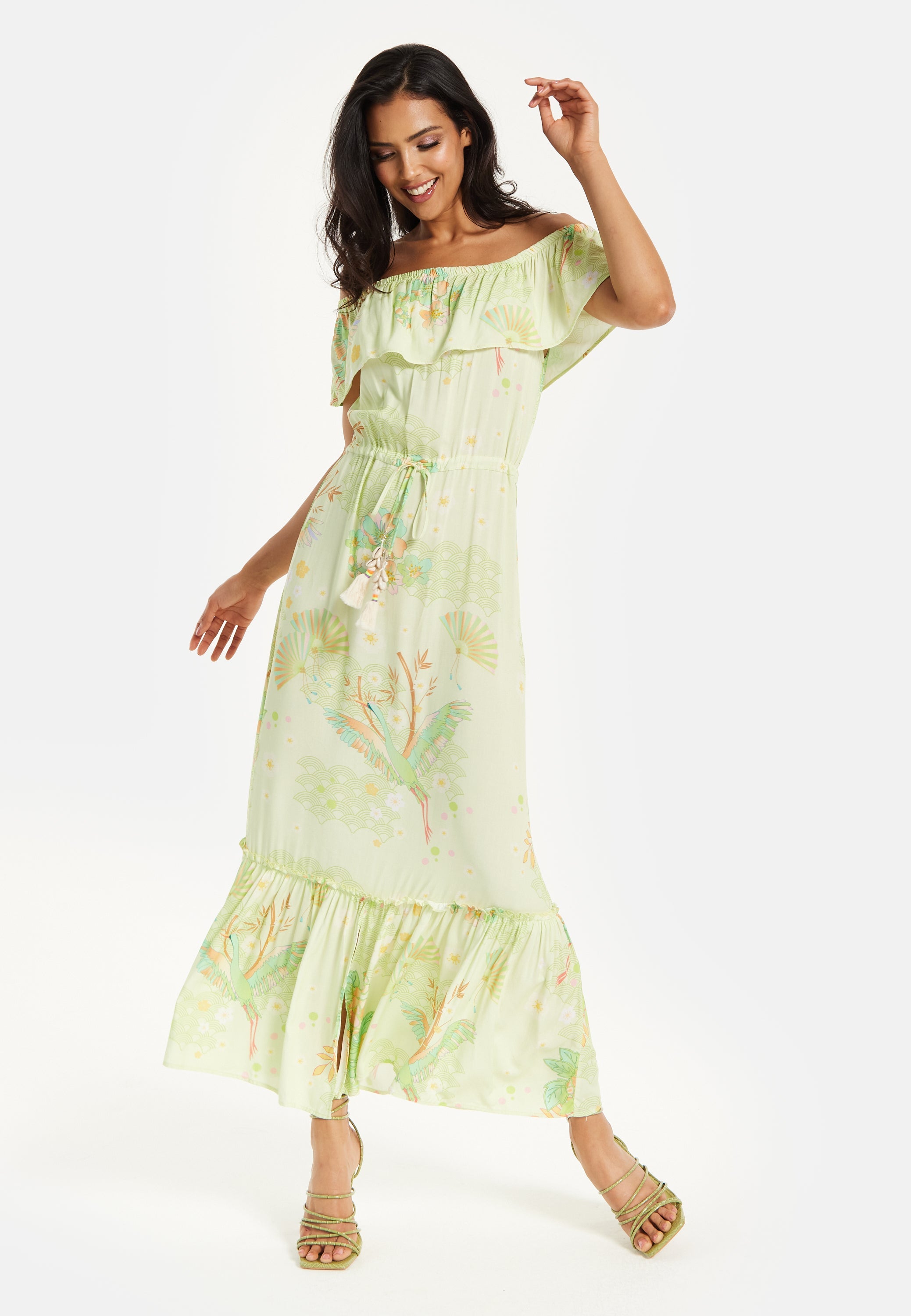 Green Floral Off Shoulder Maxi Dress