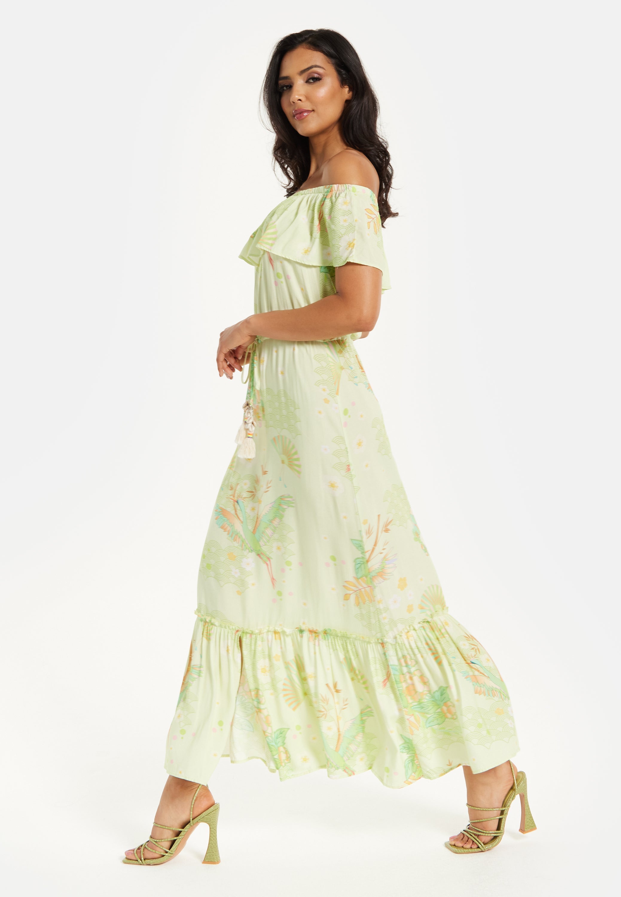 Green Floral Off Shoulder Maxi Dress