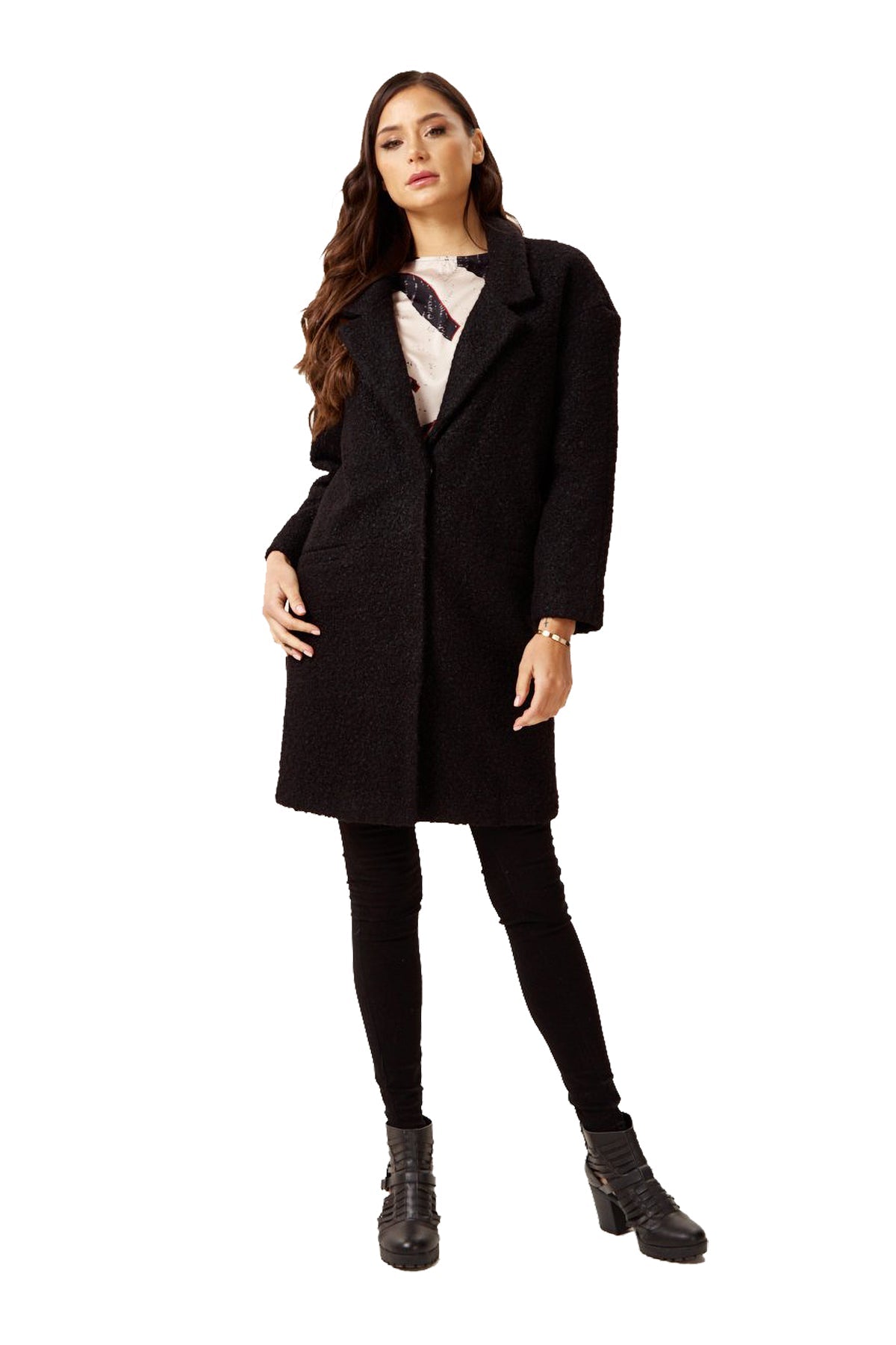 Women's Extra Loose Fit Black Bouclè Coat with Notch Lapels and Dropped Shoulders - Liquorish