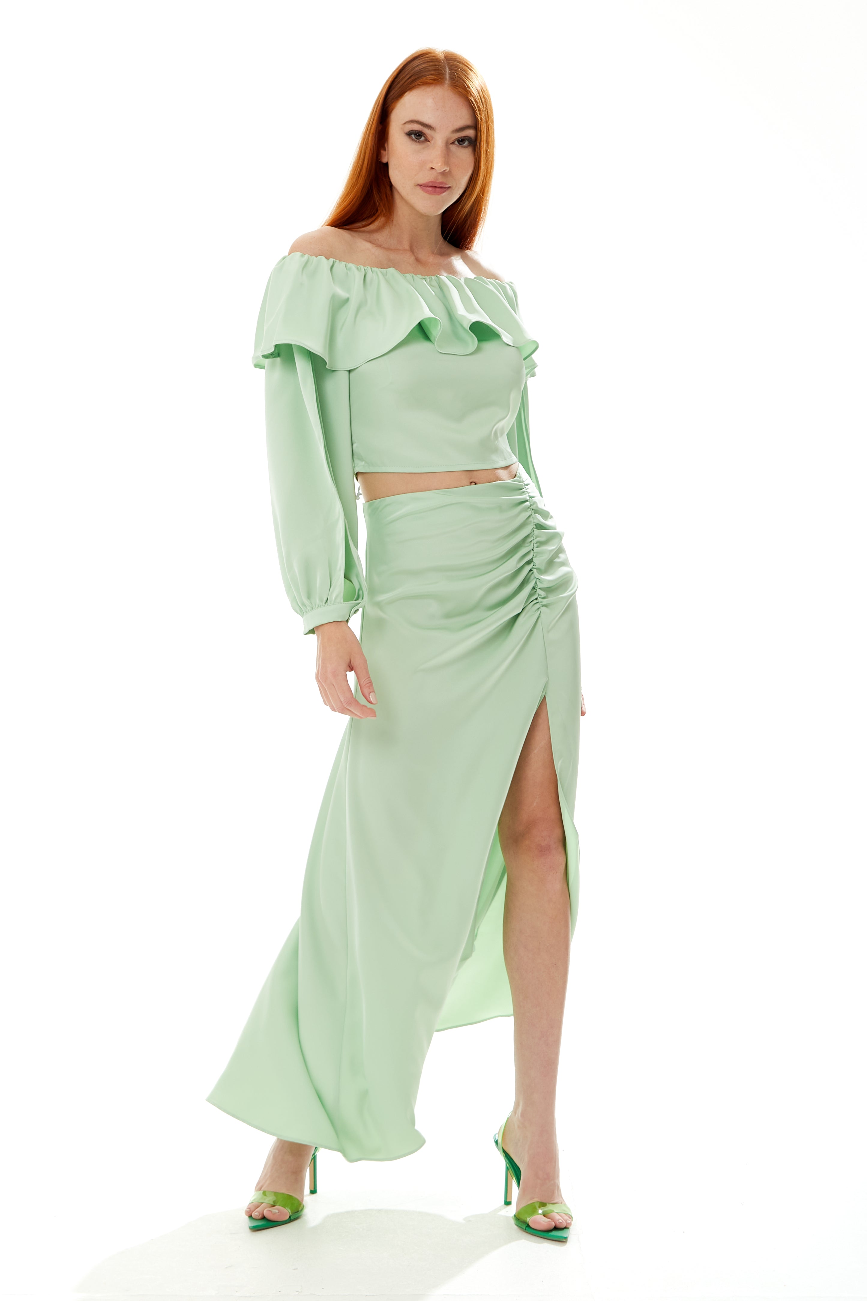 Women's Ruffle Long Sleeve Off Shoulder Top With Sleeve Slits In Mint Green