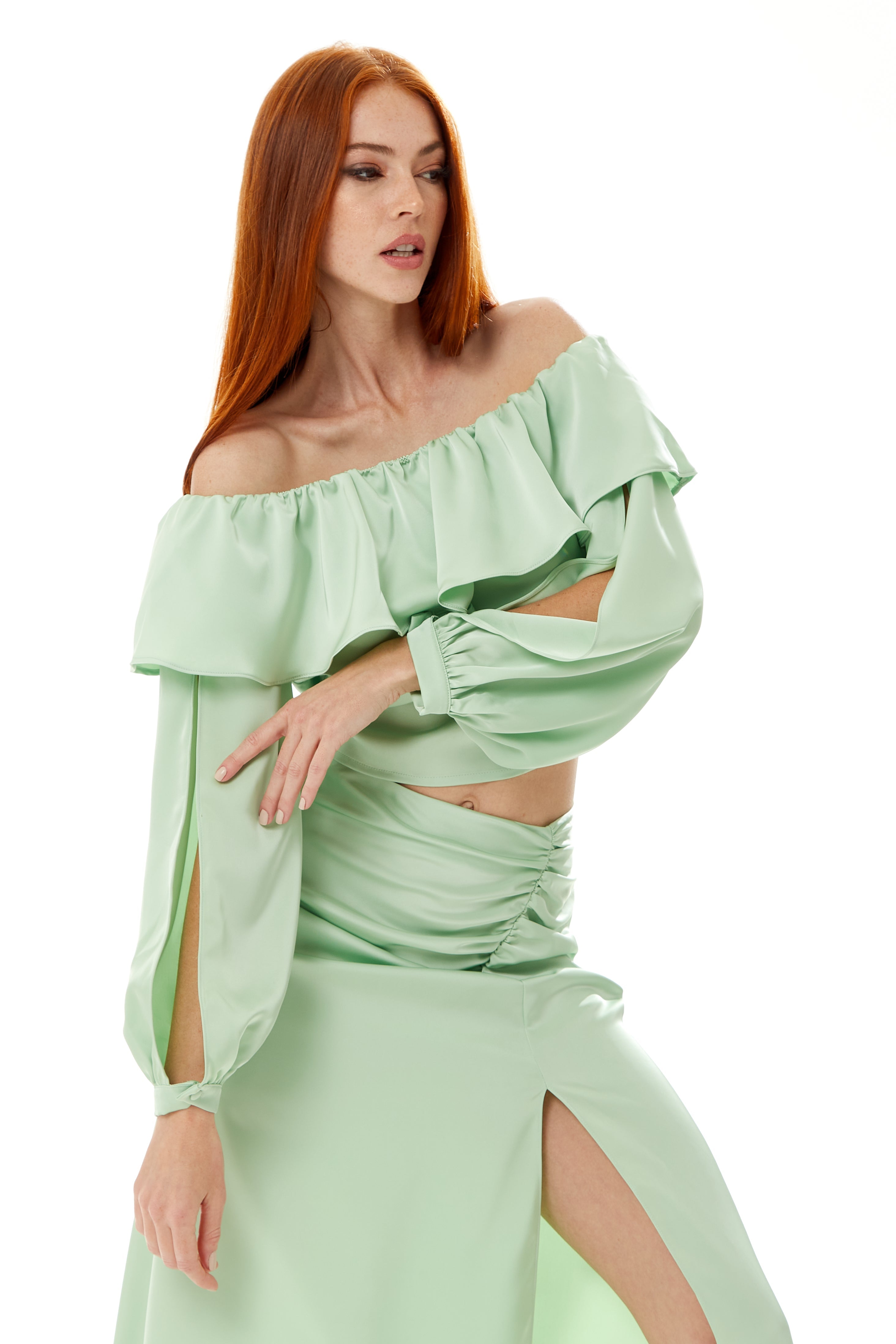 Women's Ruffle Long Sleeve Off Shoulder Top With Sleeve Slits In Mint Green