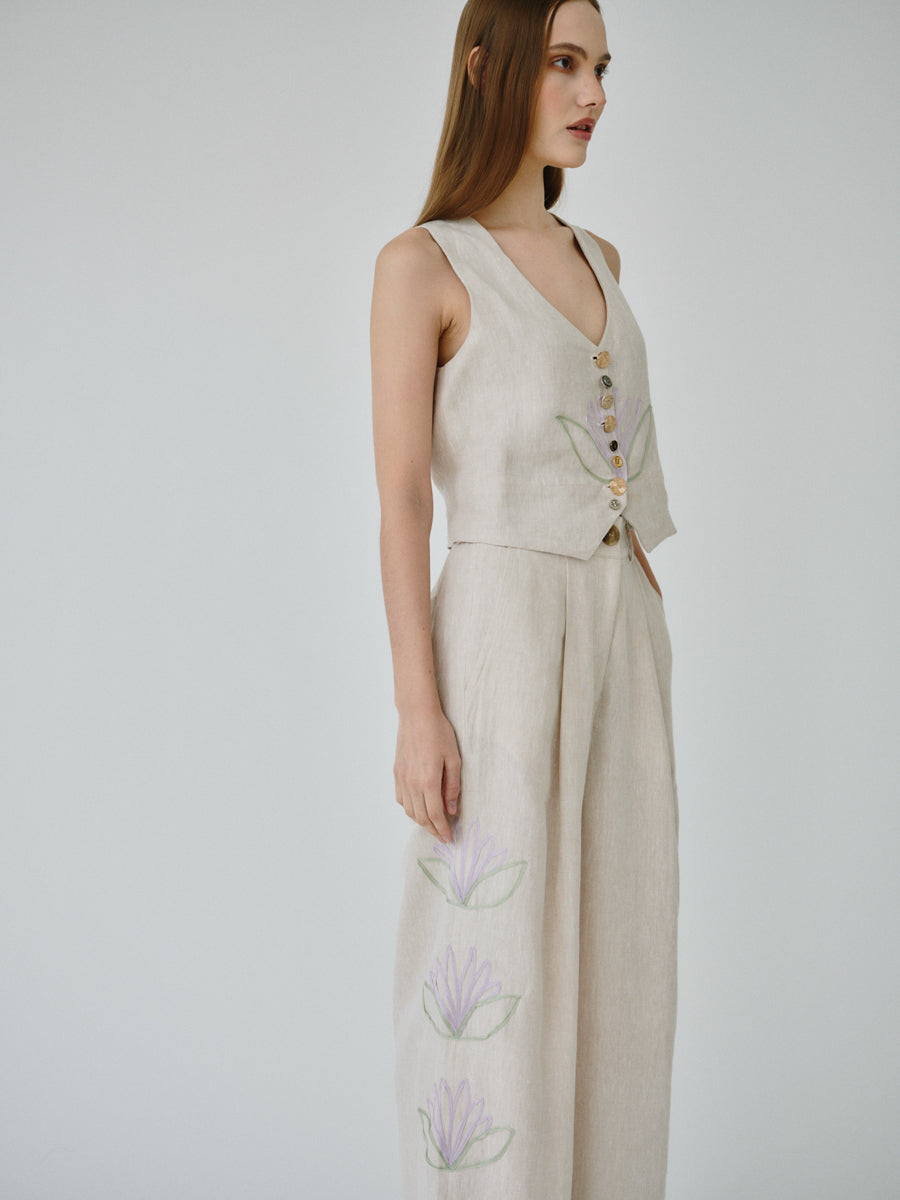 Women's Linen Waistcoat in Beige Floral Co-ord Set | Daphne | Fanfar