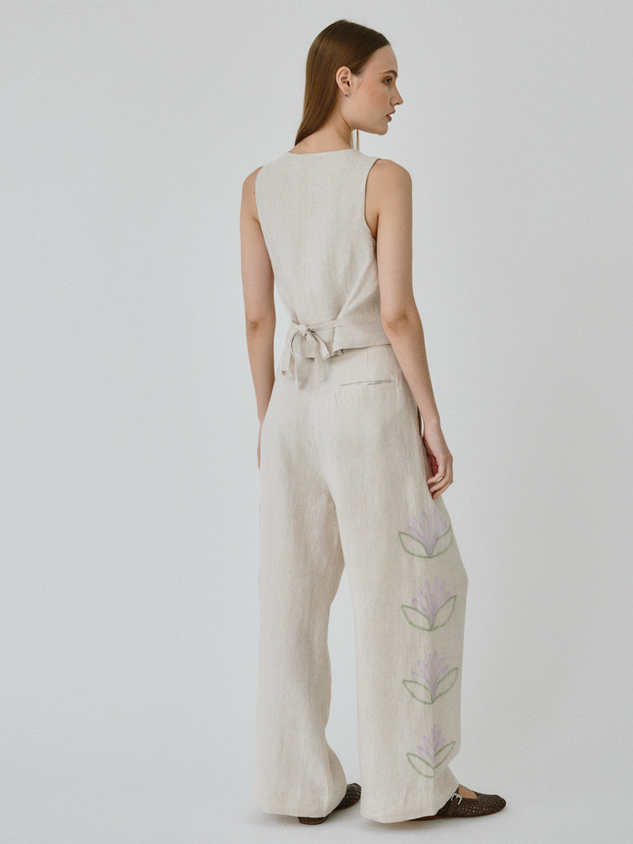 Women's Linen Waistcoat in Beige Floral Co-ord Set | Daphne | Fanfar