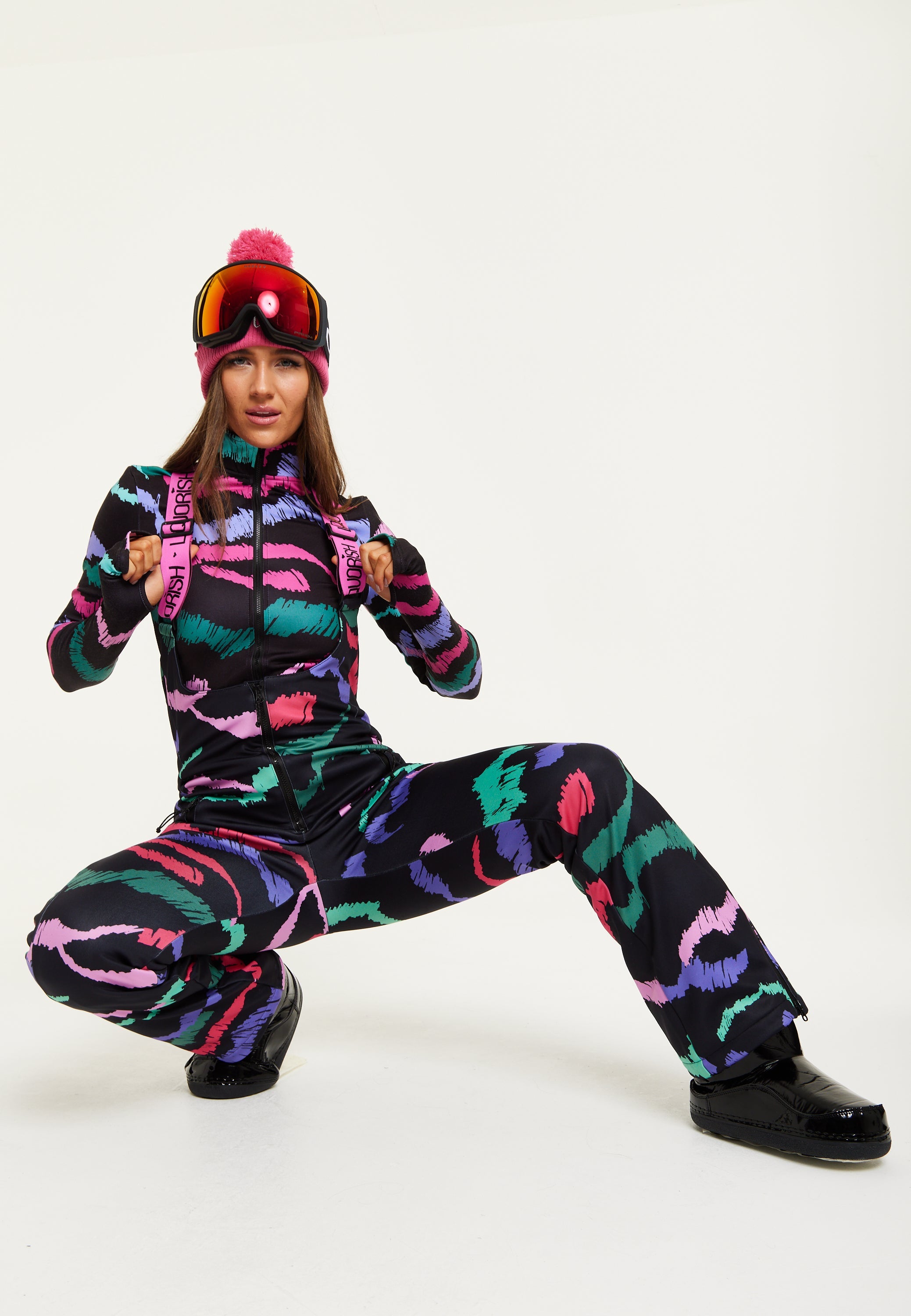 Women's Ski Waterproof Sleeveless Salopette in Black Abstract Print with Adjustable Straps and Zip Side Pockets