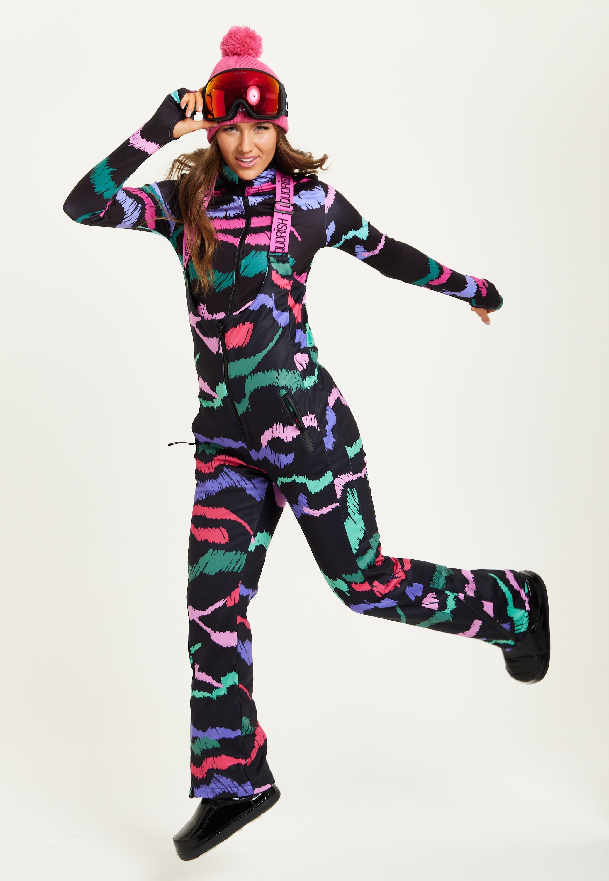 Women's Ski Waterproof Sleeveless Salopette in Black Abstract Print with Adjustable Straps and Zip Side Pockets