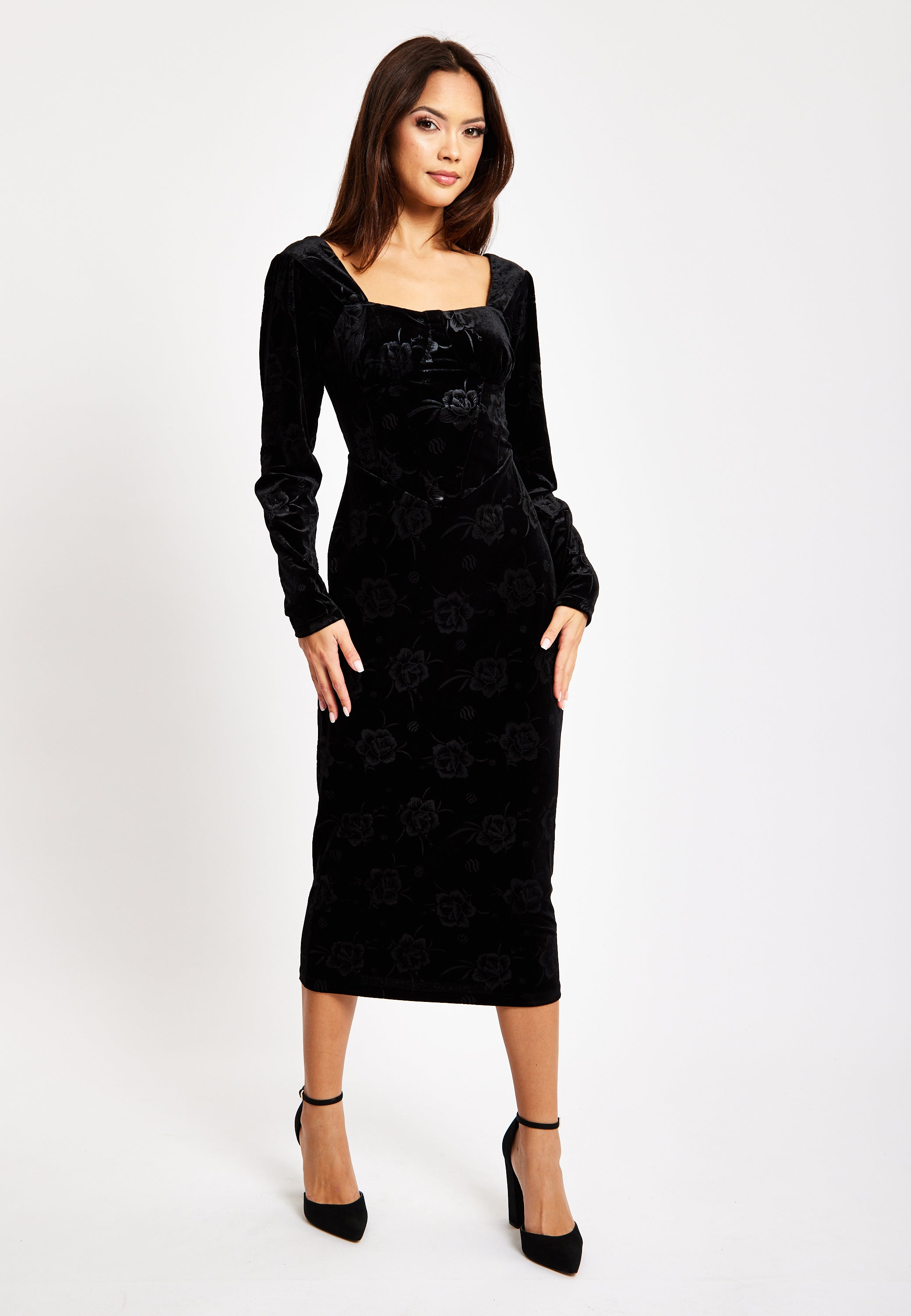Women's Midi Dress with Long Balloon Sleeves in Black Velvet - Corset Detail by Liquorish
