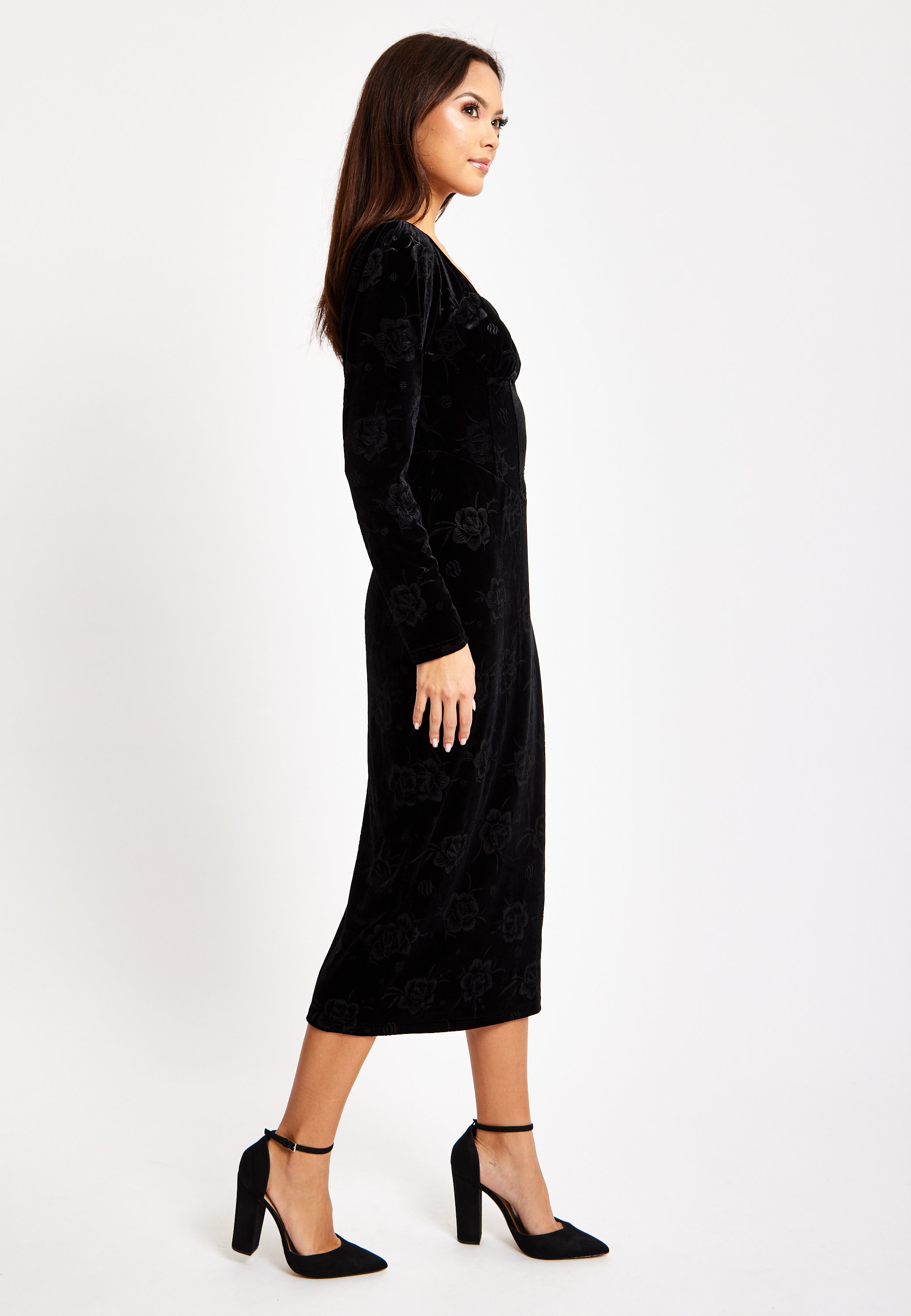 Women's Midi Dress with Long Balloon Sleeves in Black Velvet - Corset Detail by Liquorish