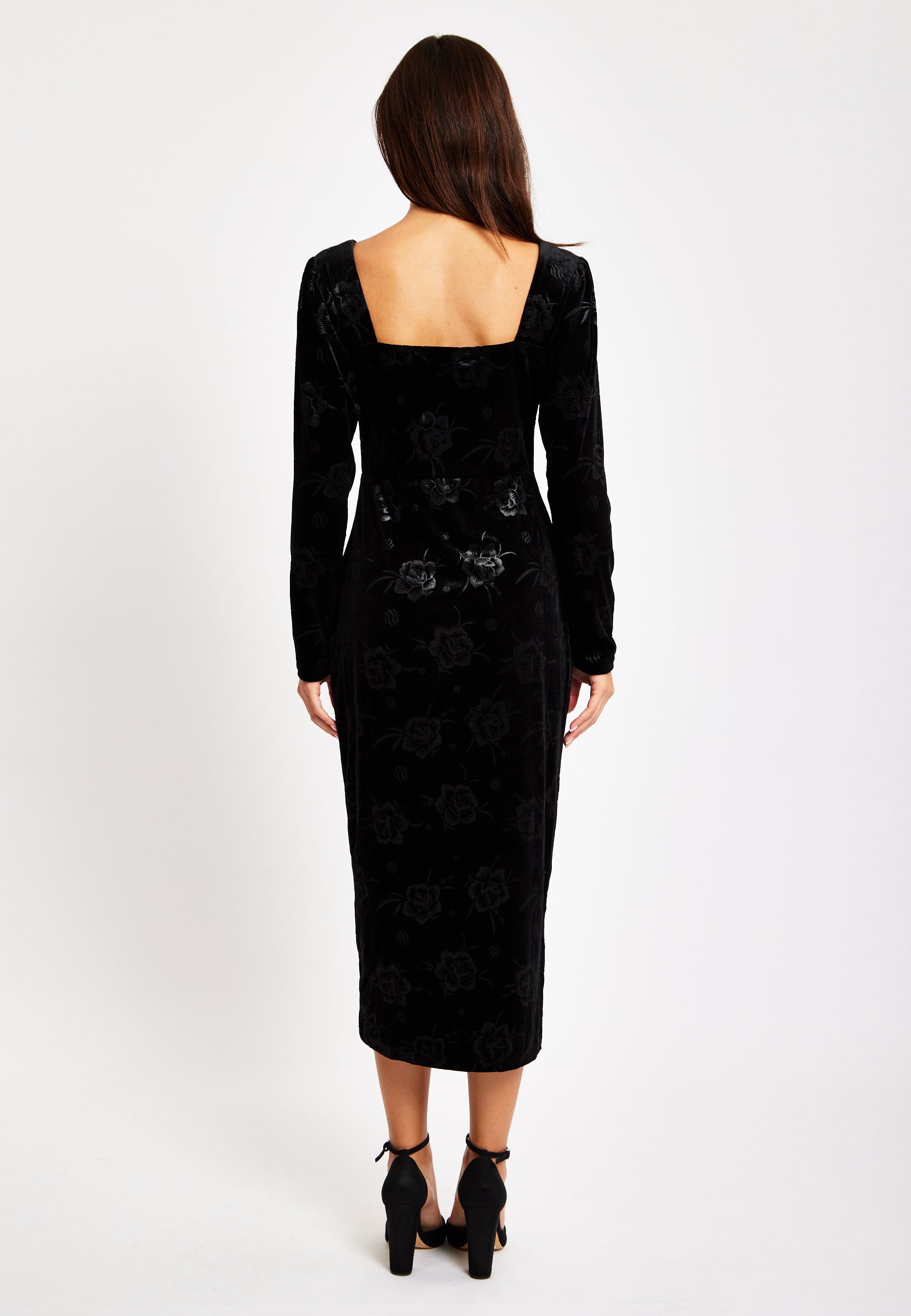 Women's Midi Dress with Long Balloon Sleeves in Black Velvet - Corset Detail by Liquorish