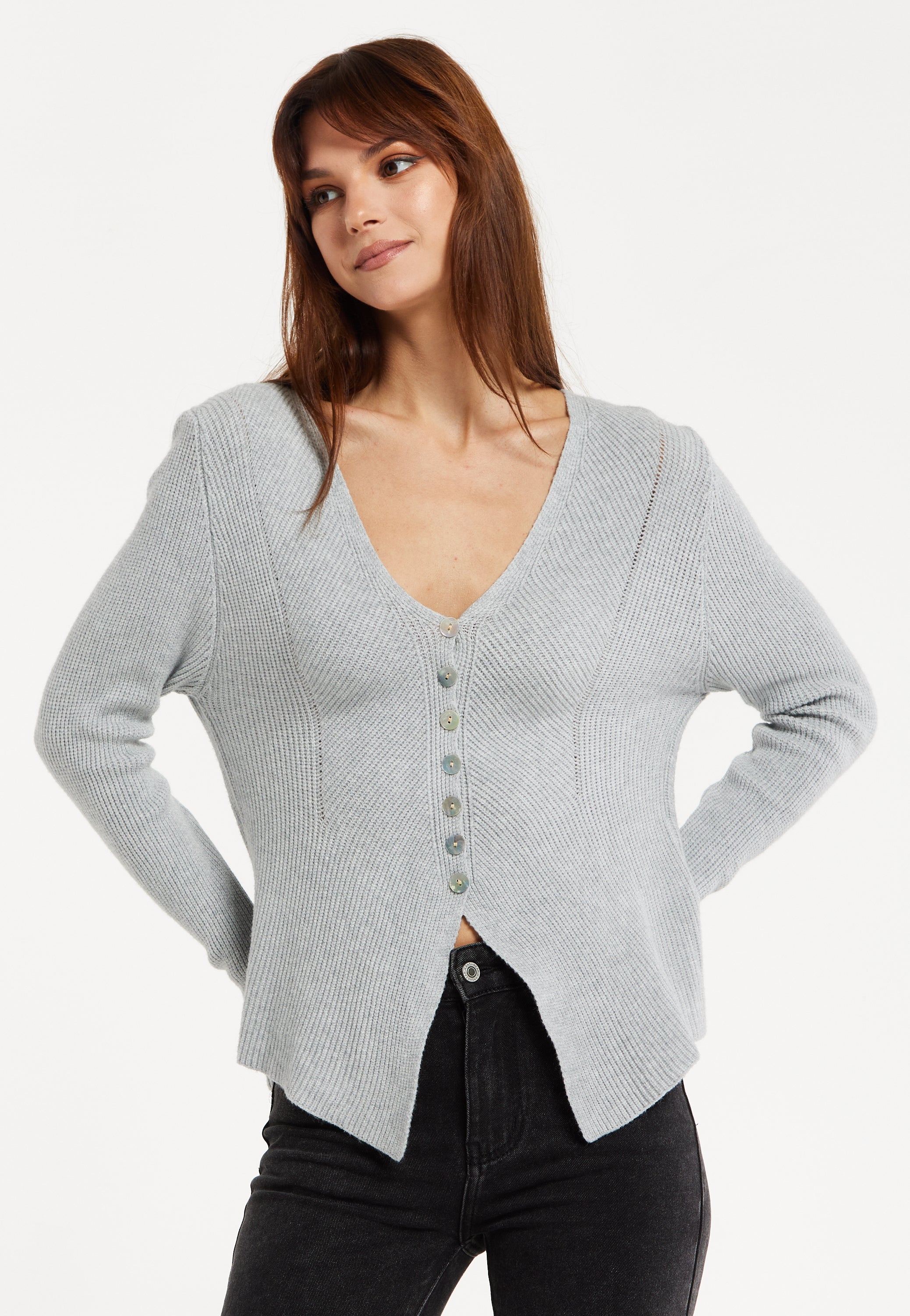Women's Cardigan in Grey, Ribbed Knit with Button-Down Closure, Long Sleeves, Chic Design by Liquorish