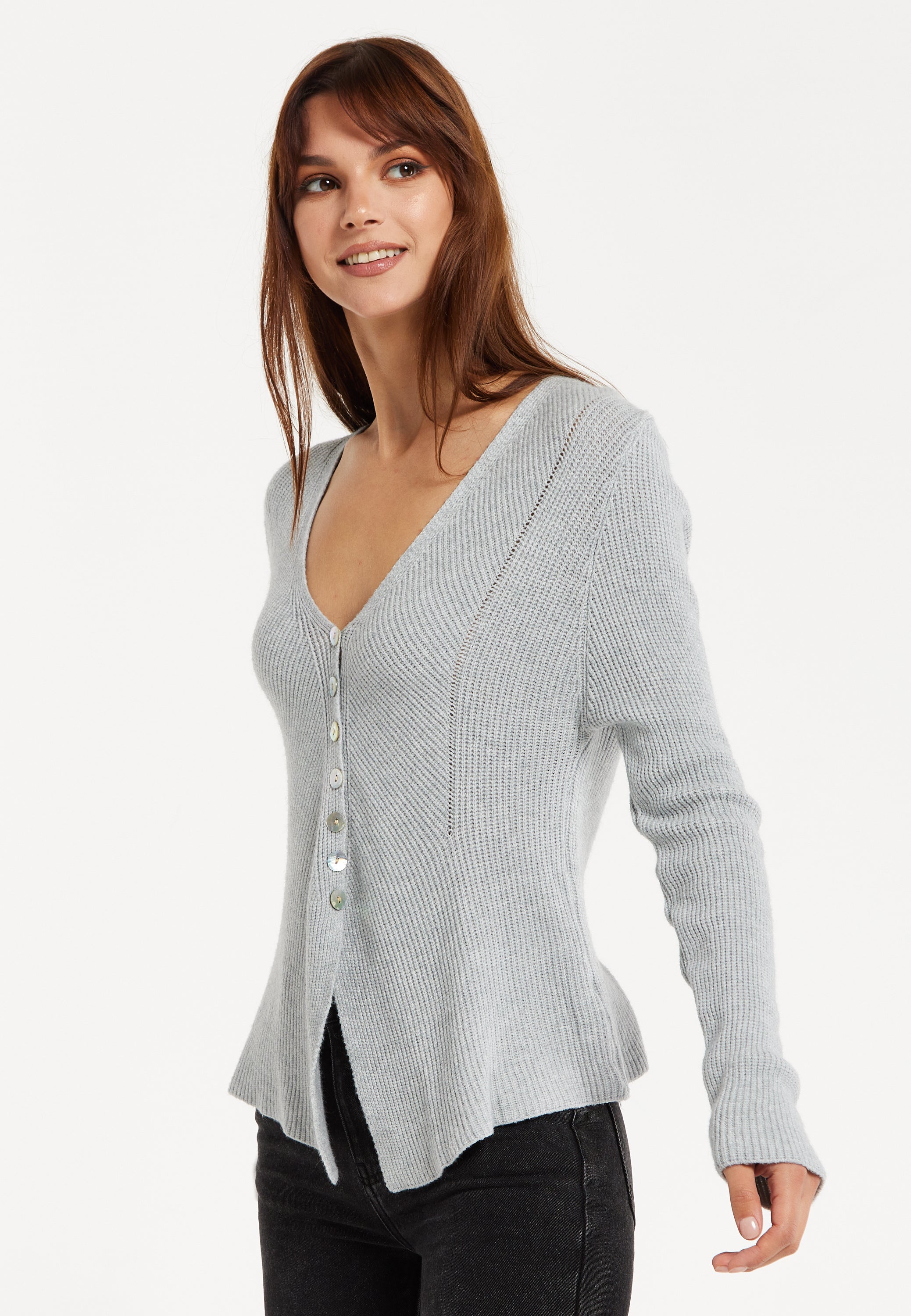 Women's Cardigan in Grey, Ribbed Knit with Button-Down Closure, Long Sleeves, Chic Design by Liquorish