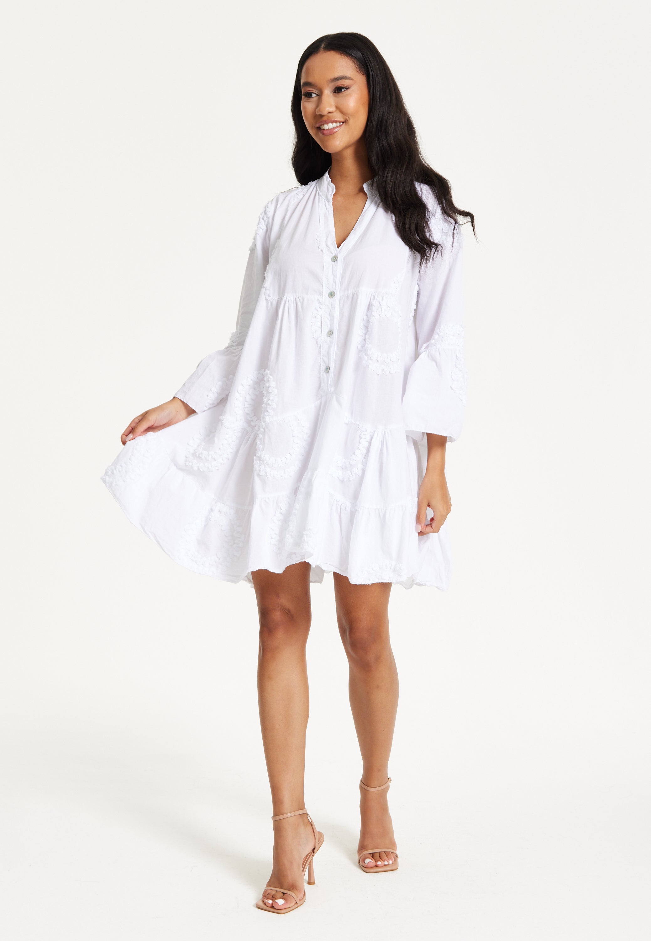 White Tiered Button Front Mini Dress