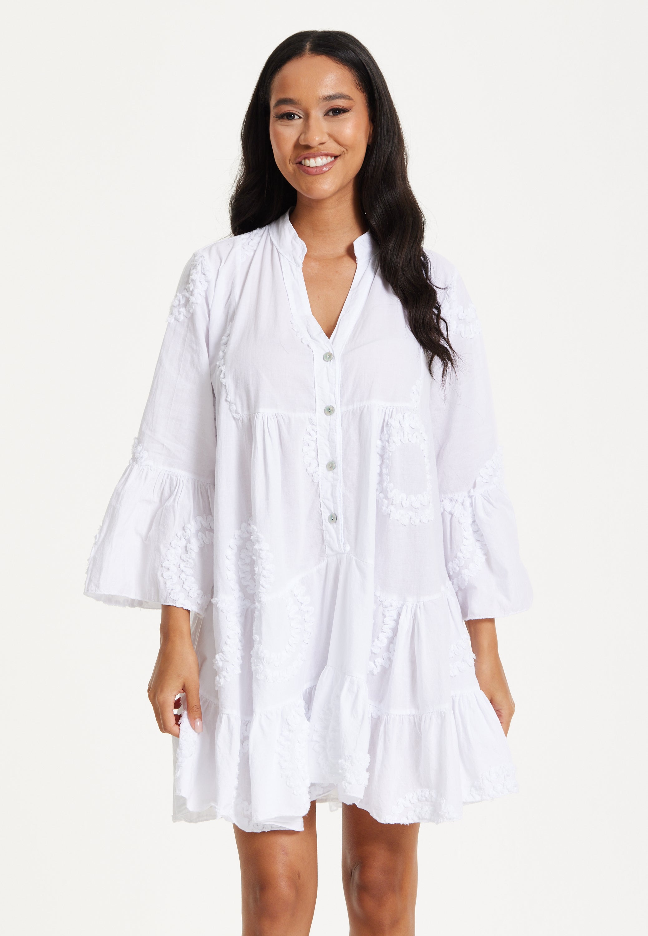 White Tiered Button Front Mini Dress