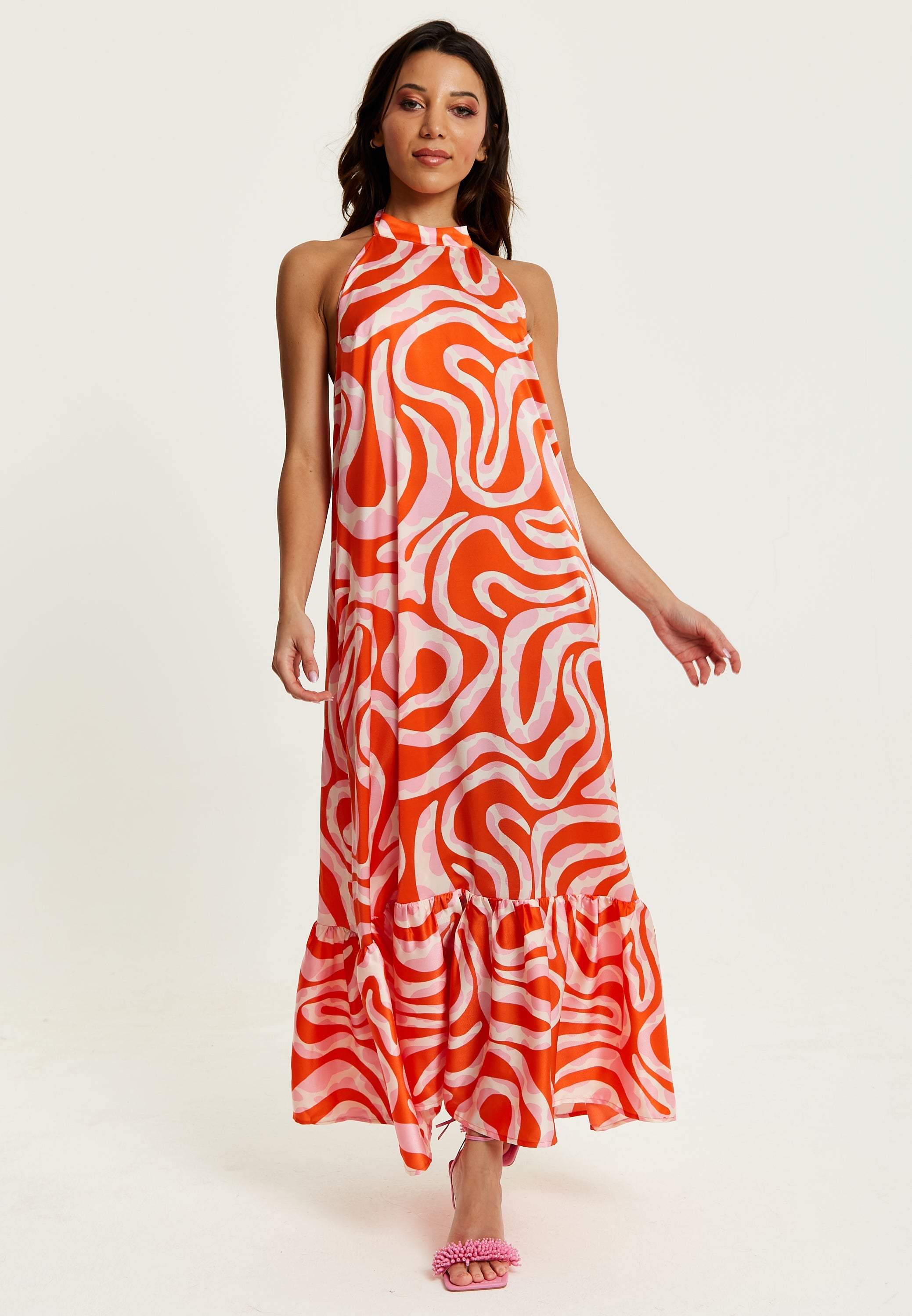 Women's Maxi Dress in Pink and Red Abstract Print, Sleeveless Halter Neck Smock Style, Effortless Elegance by Liquorish