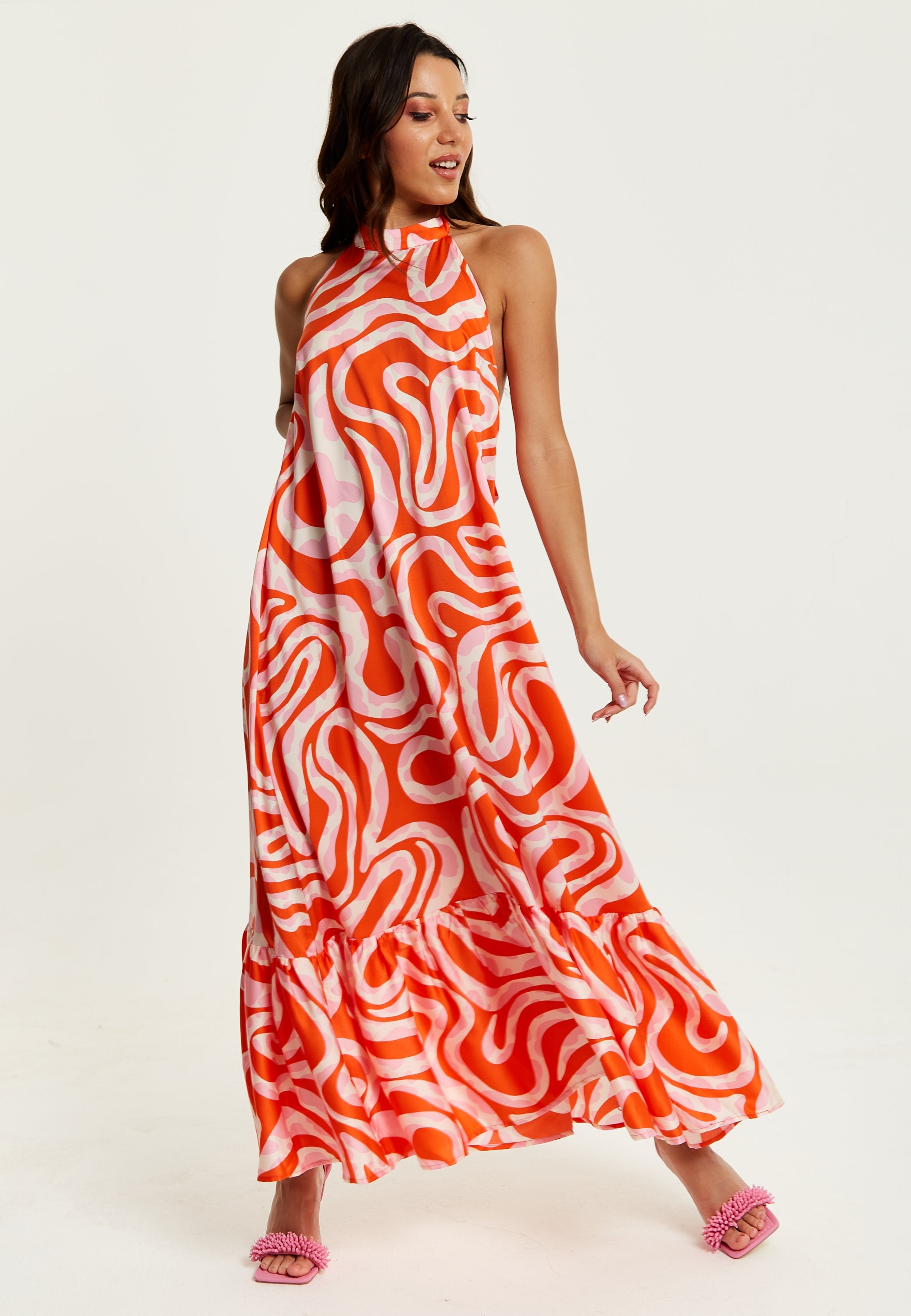 Women's Maxi Dress in Pink and Red Abstract Print, Sleeveless Halter Neck Smock Style, Effortless Elegance by Liquorish