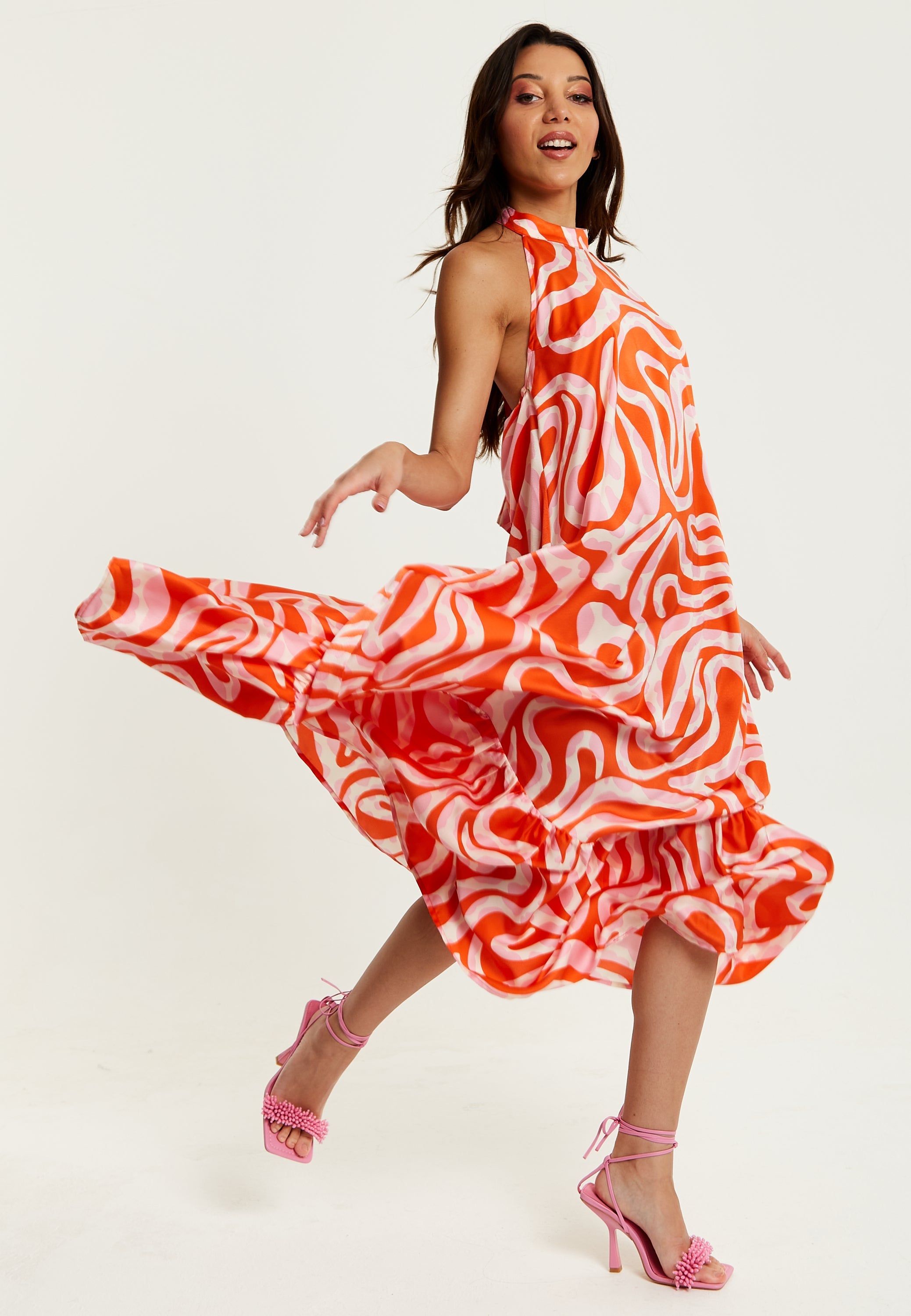Women's Maxi Dress in Pink and Red Abstract Print, Sleeveless Halter Neck Smock Style, Effortless Elegance by Liquorish