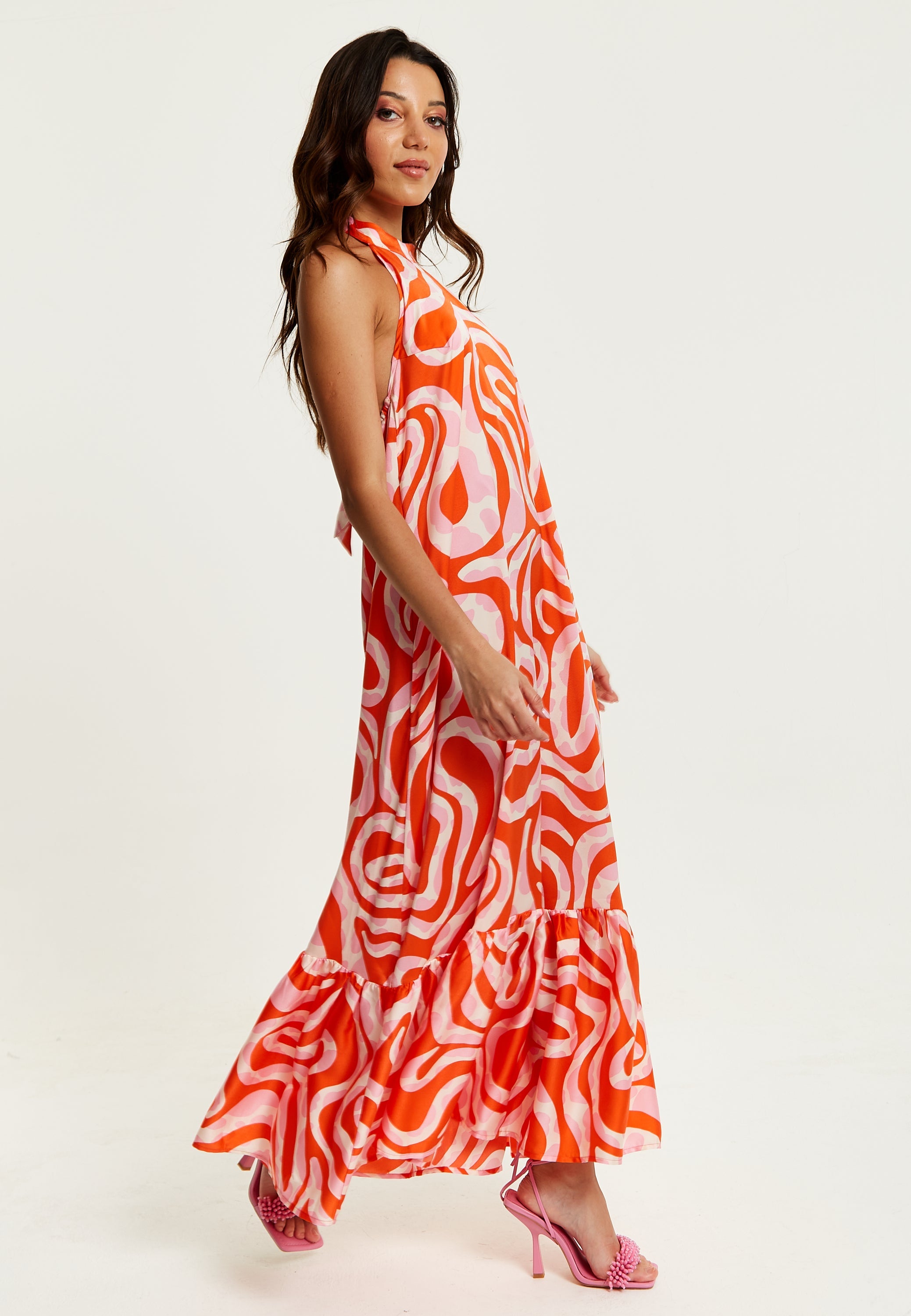 Women's Maxi Dress in Pink and Red Abstract Print, Sleeveless Halter Neck Smock Style, Effortless Elegance by Liquorish