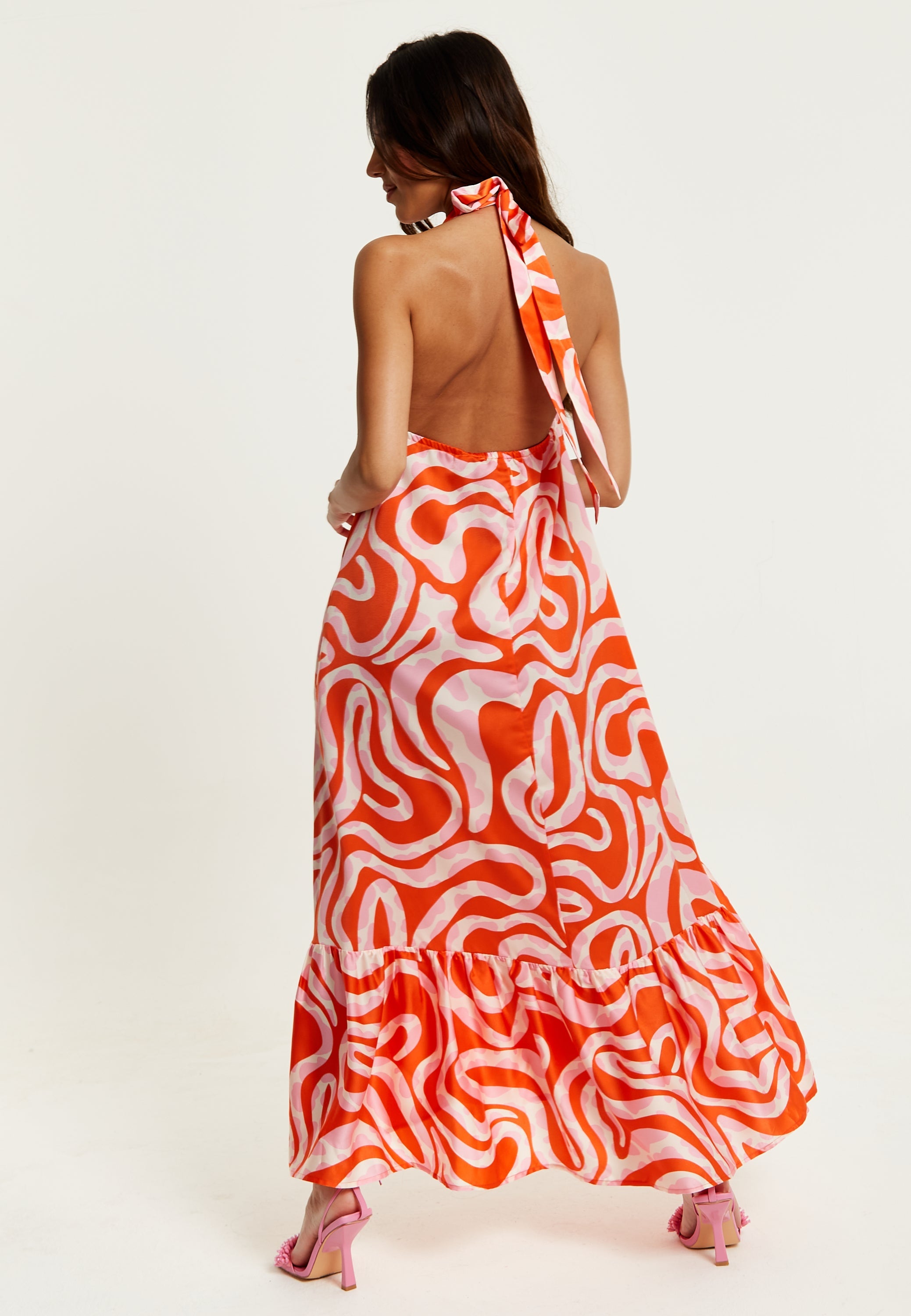 Women's Maxi Dress in Pink and Red Abstract Print, Sleeveless Halter Neck Smock Style, Effortless Elegance by Liquorish