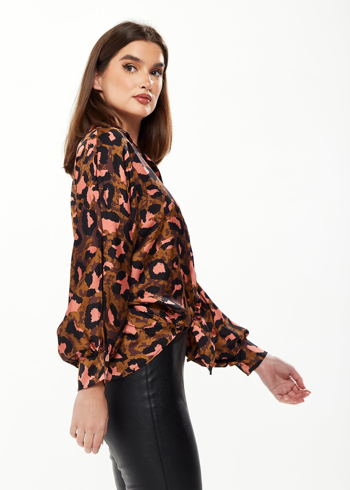 Women's Divine Grace Blouse with Front Tie in Brown & Coral Leopard Print - Long Sleeve, Button Front, Collar, Cuffs
