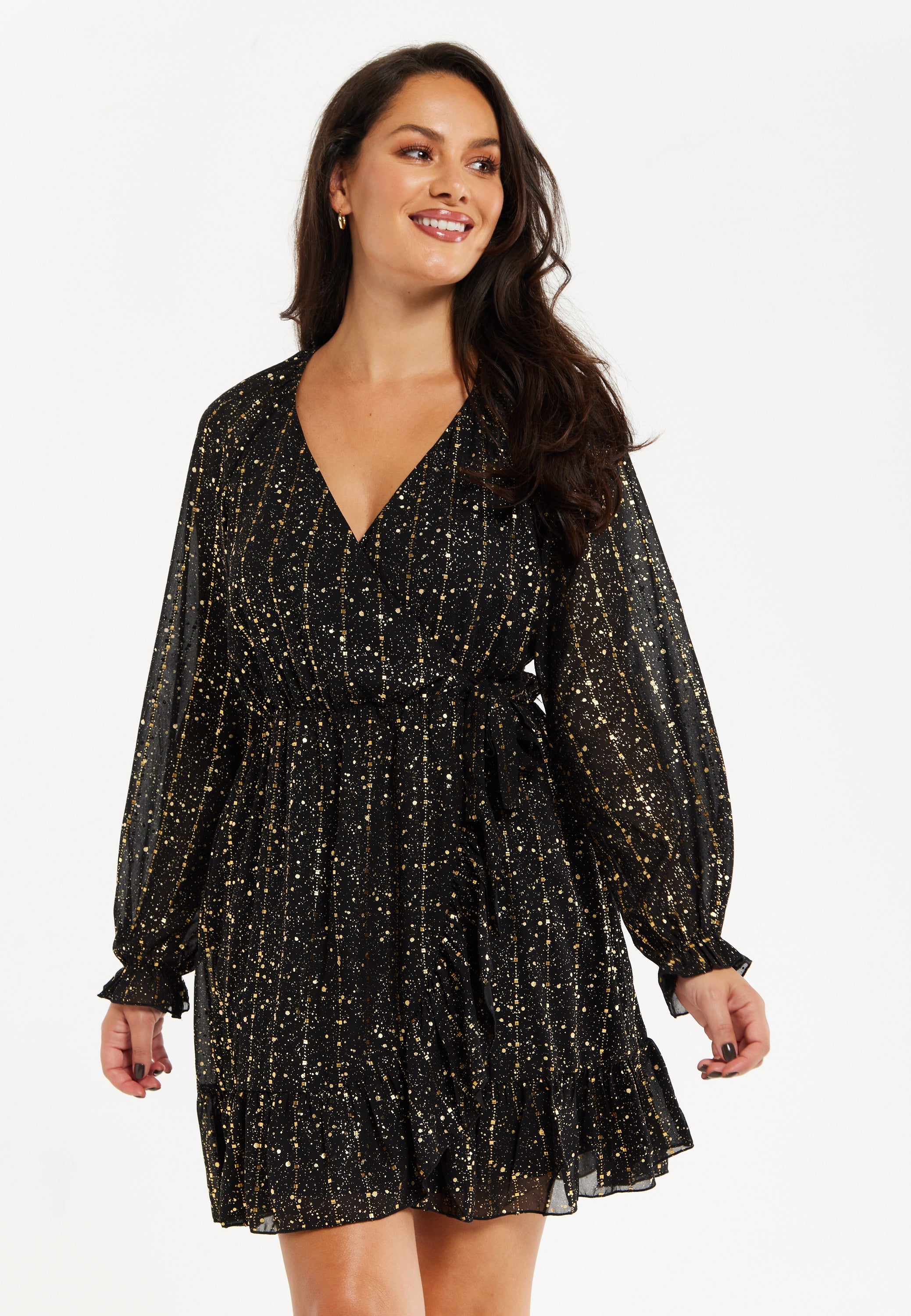 Women's Mini Dress with Long Sleeves in Gold Chiffon - Stylish Wrap Design, Perfect for Any Occasion - Liquorish